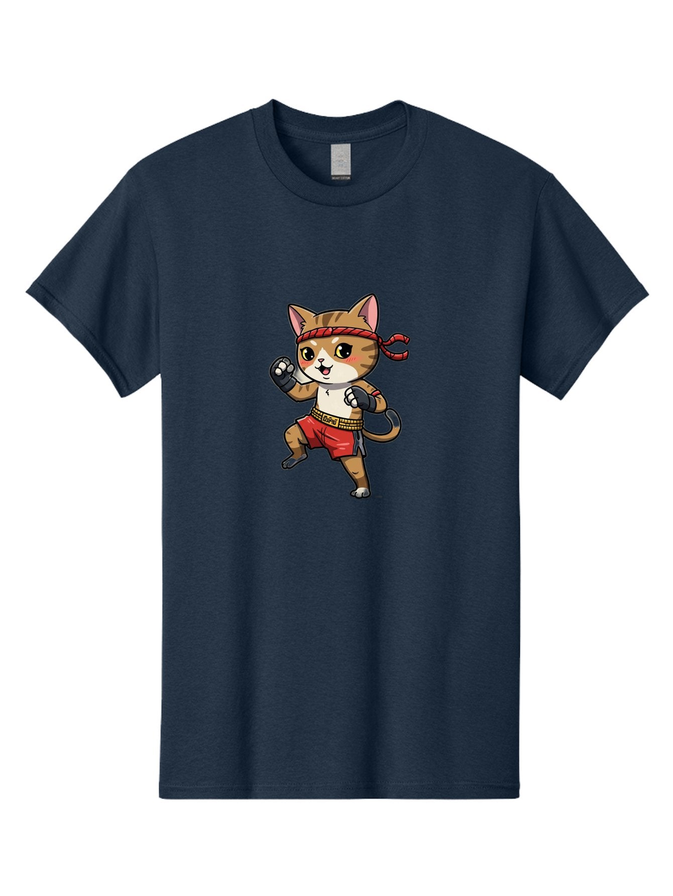 Muay-Thai-Kitten Men'S Graphic Tee, 100% Cotton, Comfortable Casual Summer Wear, Machine Washable, Cartoon Cat, Muay Thai Fighter, Martial Arts, Fighting Stance, Red Headband, Red Boxing Shorts, Black Gloves, Cute Expression, Bae562 13