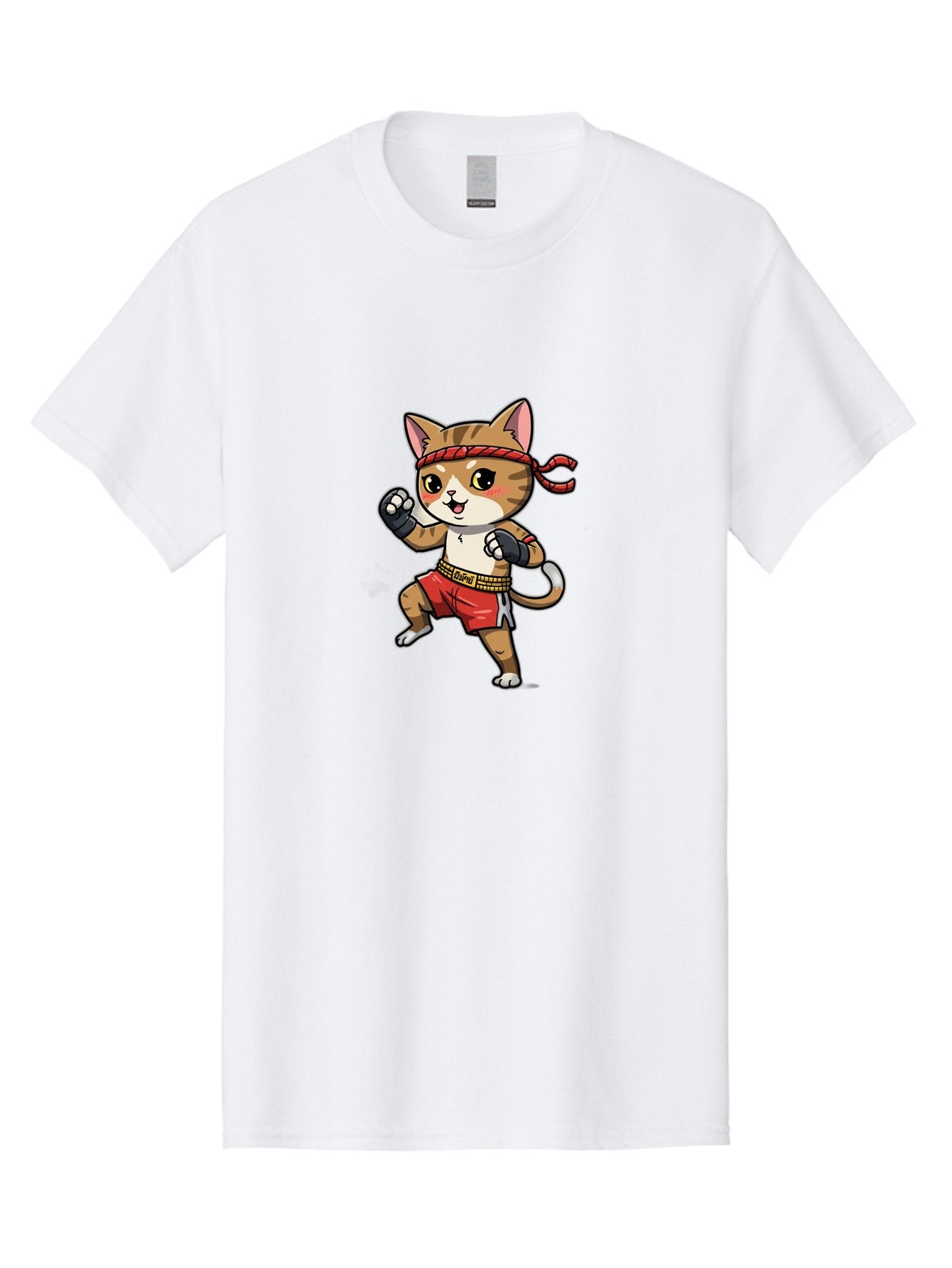 Muay-Thai-Kitten Men'S Graphic Tee, 100% Cotton, Comfortable Casual Summer Wear, Machine Washable, Cartoon Cat, Muay Thai Fighter, Martial Arts, Fighting Stance, Red Headband, Red Boxing Shorts, Black Gloves, Cute Expression, Bae562 4