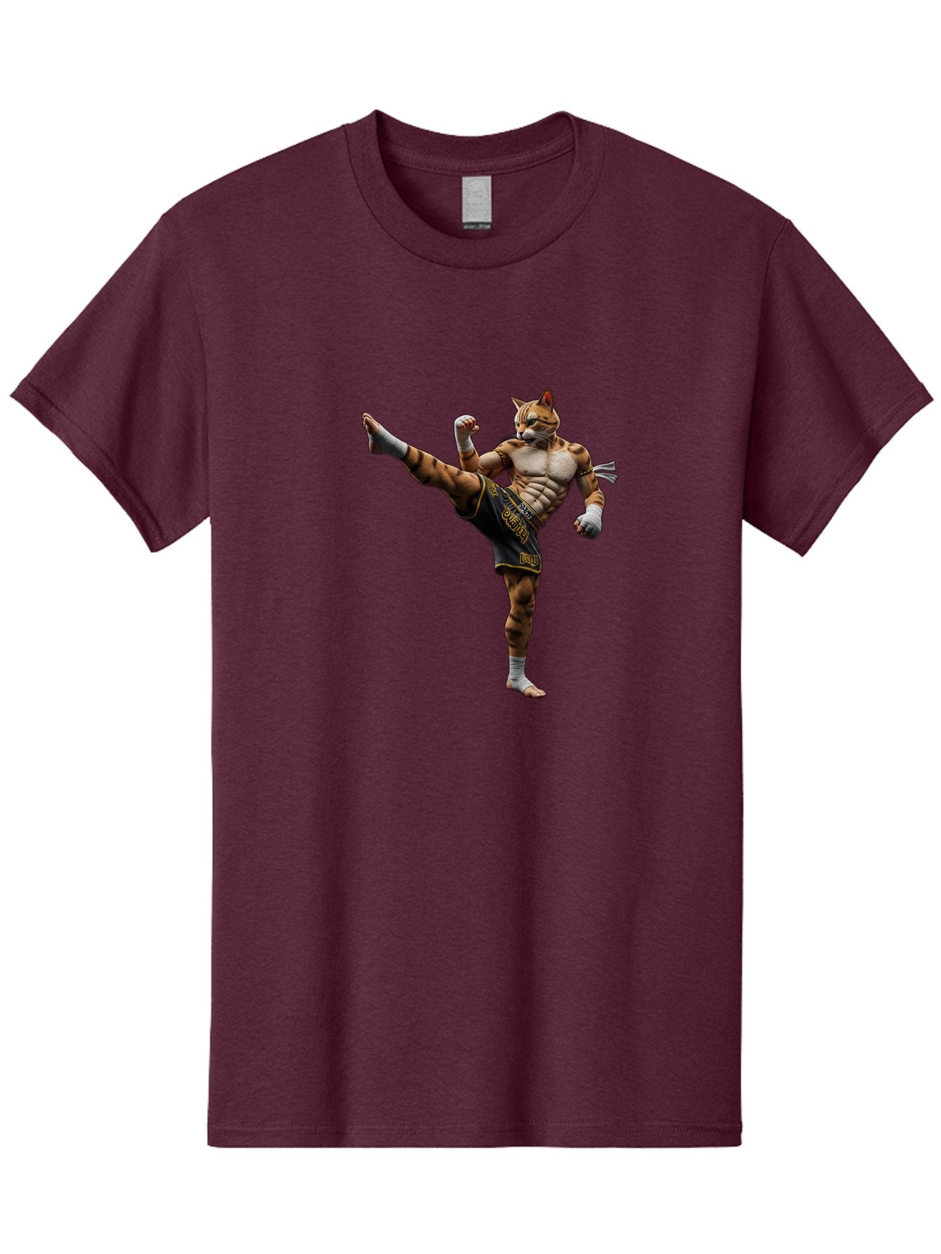 Muay-Thai-Tiger Men'S Graphic Tee, 100% Cotton, Comfortable Casual Summer Wear, Machine Washable, Cat Man In Kickboxing Pose, Muay Thai Fighter, Martial Arts, Kickboxing Stance, Action Figure, Cartoon Character, Humorous Illustration, Bae563