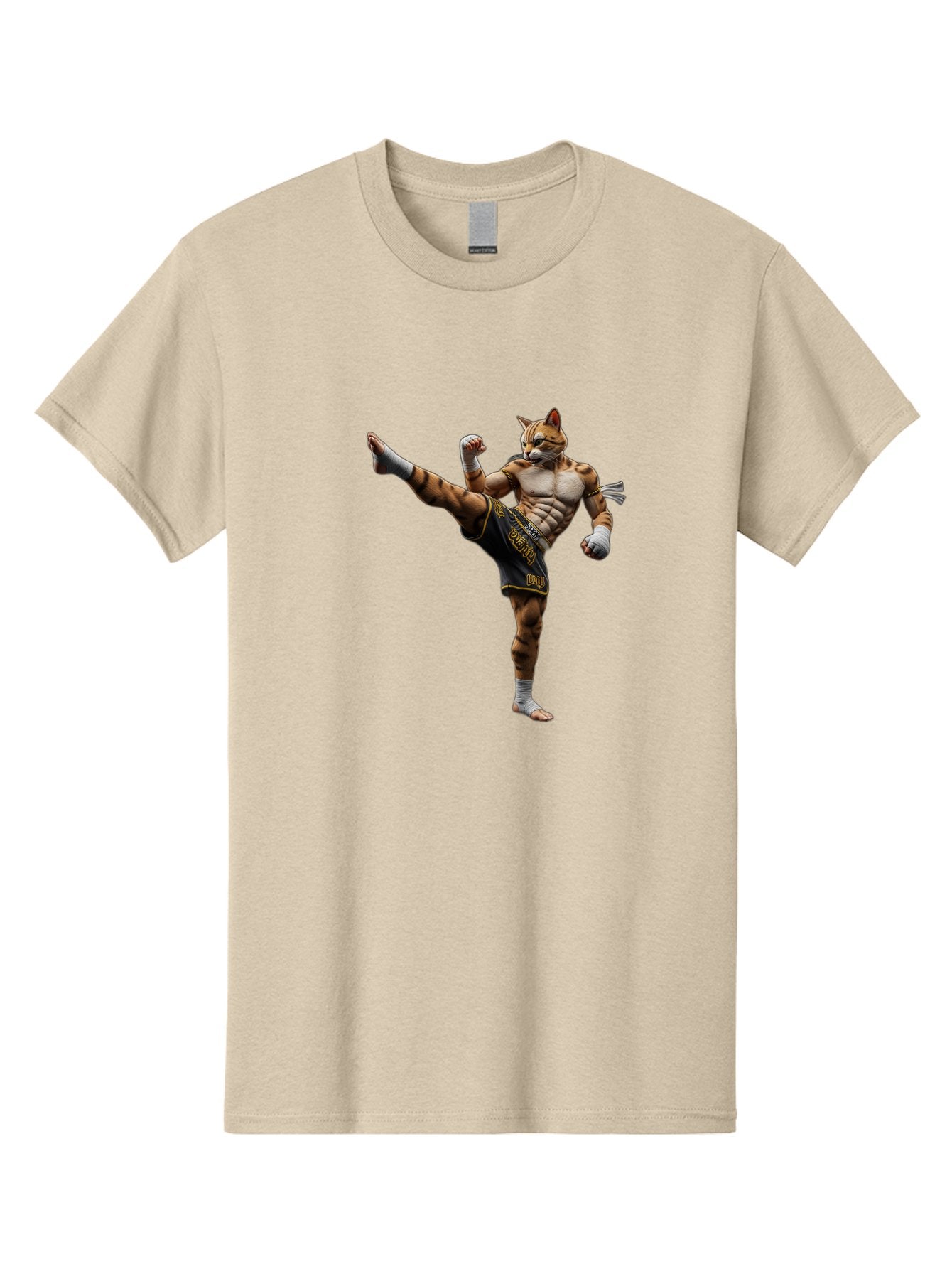 Muay-Thai-Tiger Men'S Graphic Tee, 100% Cotton, Comfortable Casual Summer Wear, Machine Washable, Cat Man In Kickboxing Pose, Muay Thai Fighter, Martial Arts, Kickboxing Stance, Action Figure, Cartoon Character, Humorous Illustration, Bae563 3