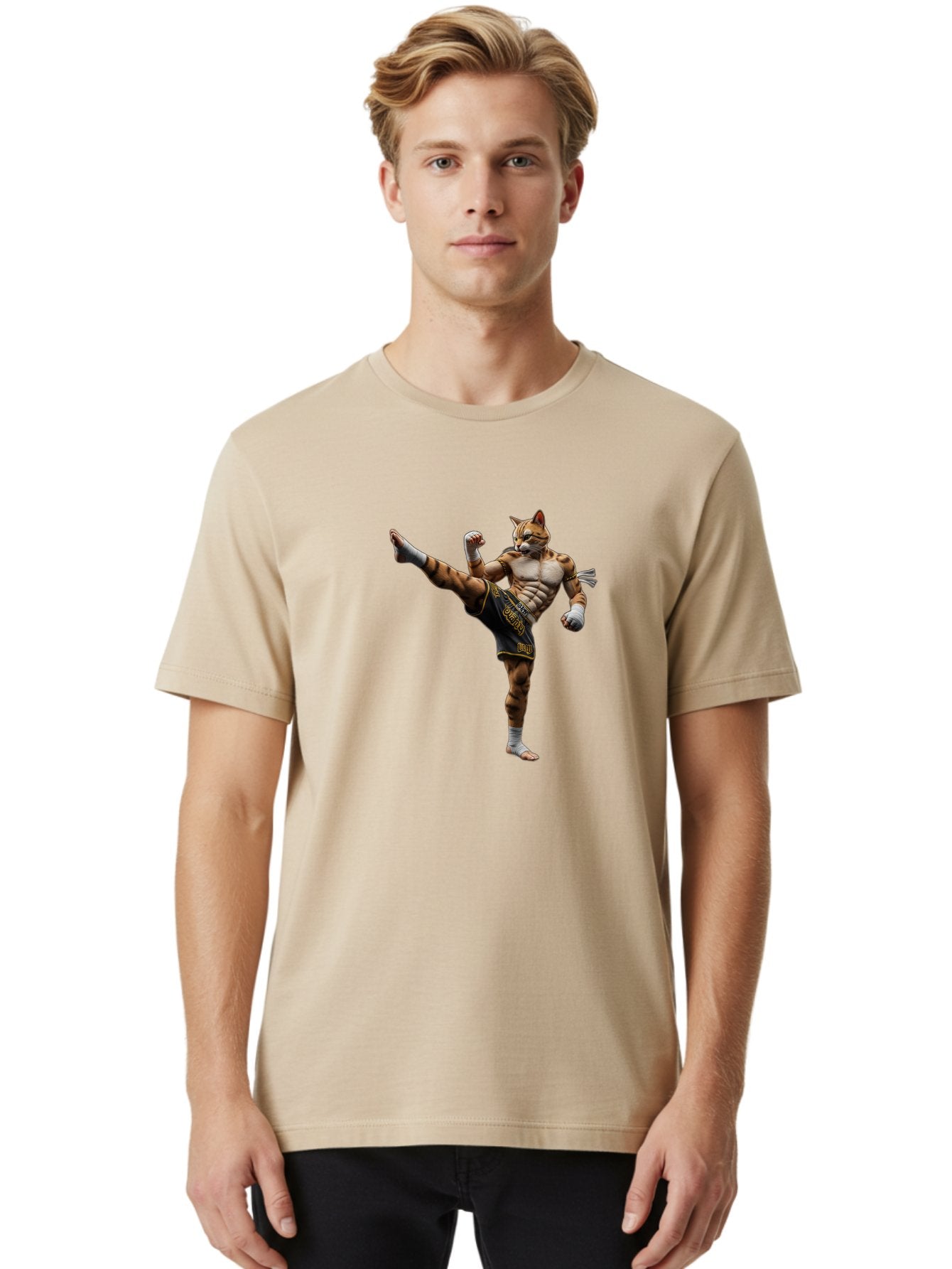 Muay-Thai-Tiger Men'S Graphic Tee, 100% Cotton, Comfortable Casual Summer Wear, Machine Washable, Cat Man In Kickboxing Pose, Muay Thai Fighter, Martial Arts, Kickboxing Stance, Action Figure, Cartoon Character, Humorous Illustration, Bae563 22