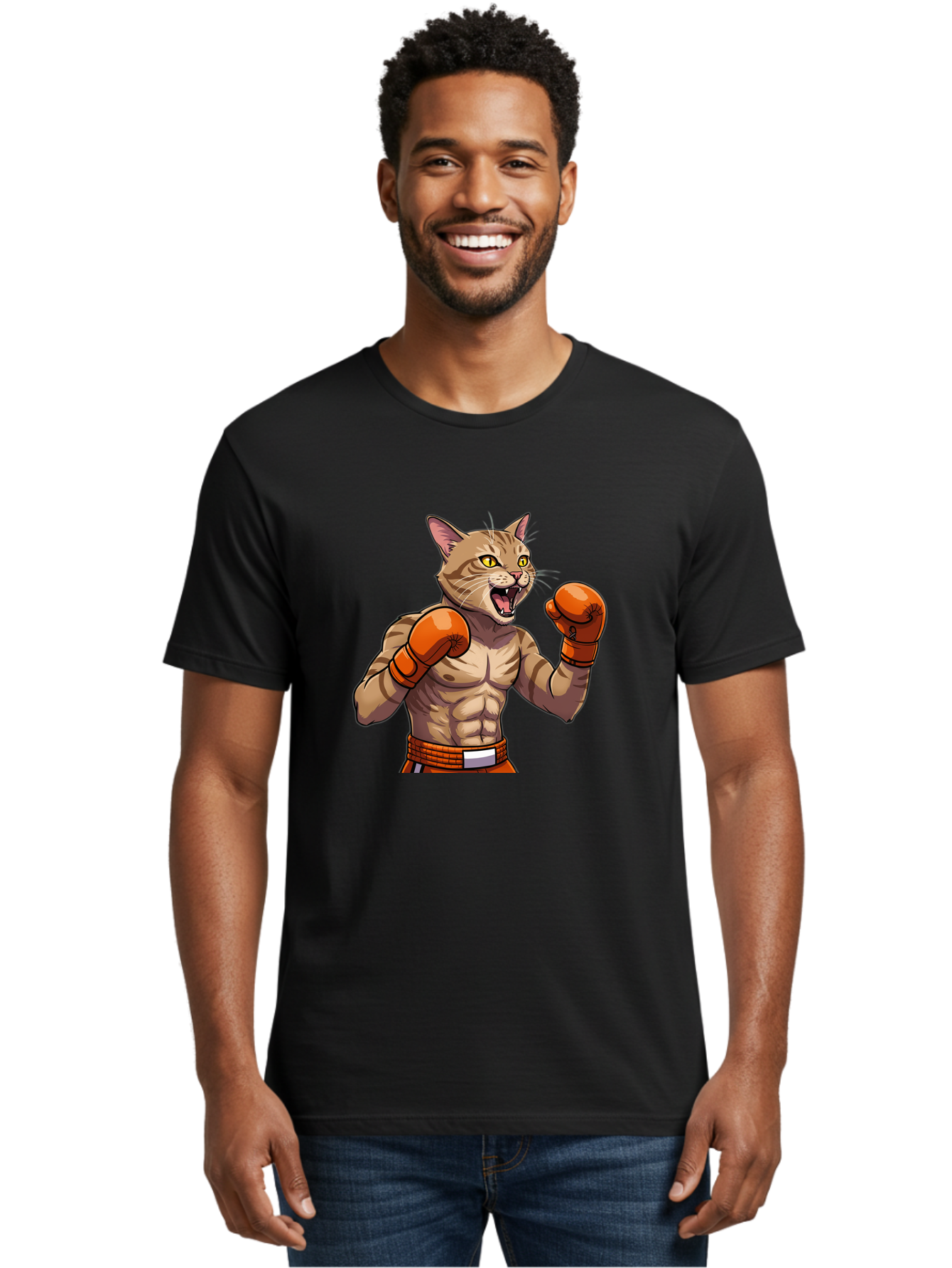 Muscle-Cat-Boxer Men'S Graphic Tee, 100% Cotton, Comfortable Casual Summer Wear, Machine Washable, Cartoon Muscular Cat, Boxing Gloves, Fierce Expression, Strong Physique, Funny Animal, Cartoon Character, Feline Boxer, Comic Art, Bae566 18