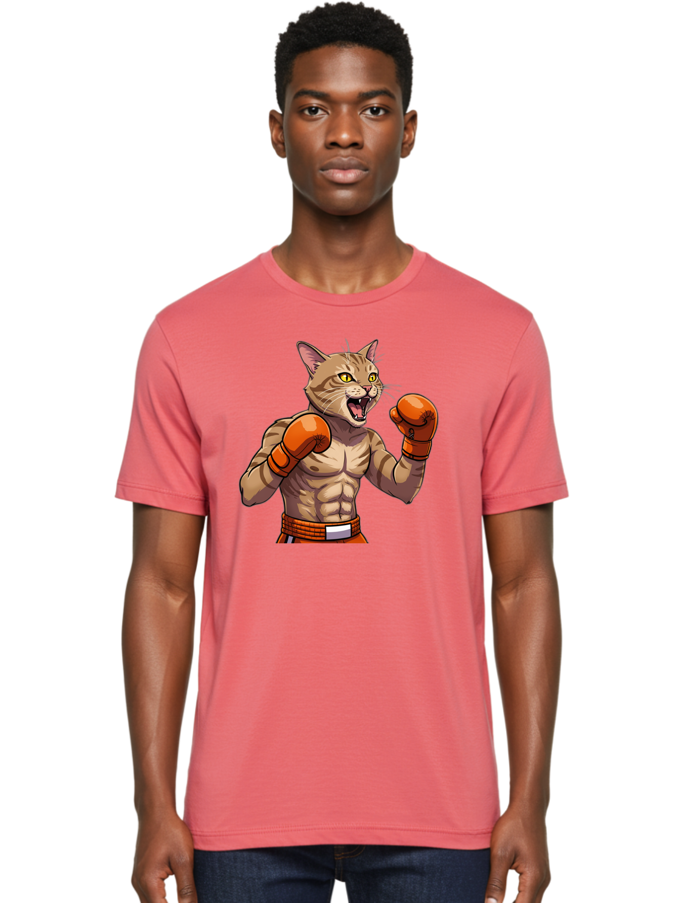 Muscle-Cat-Boxer Men'S Graphic Tee, 100% Cotton, Comfortable Casual Summer Wear, Machine Washable, Cartoon Muscular Cat, Boxing Gloves, Fierce Expression, Strong Physique, Funny Animal, Cartoon Character, Feline Boxer, Comic Art, Bae566 28