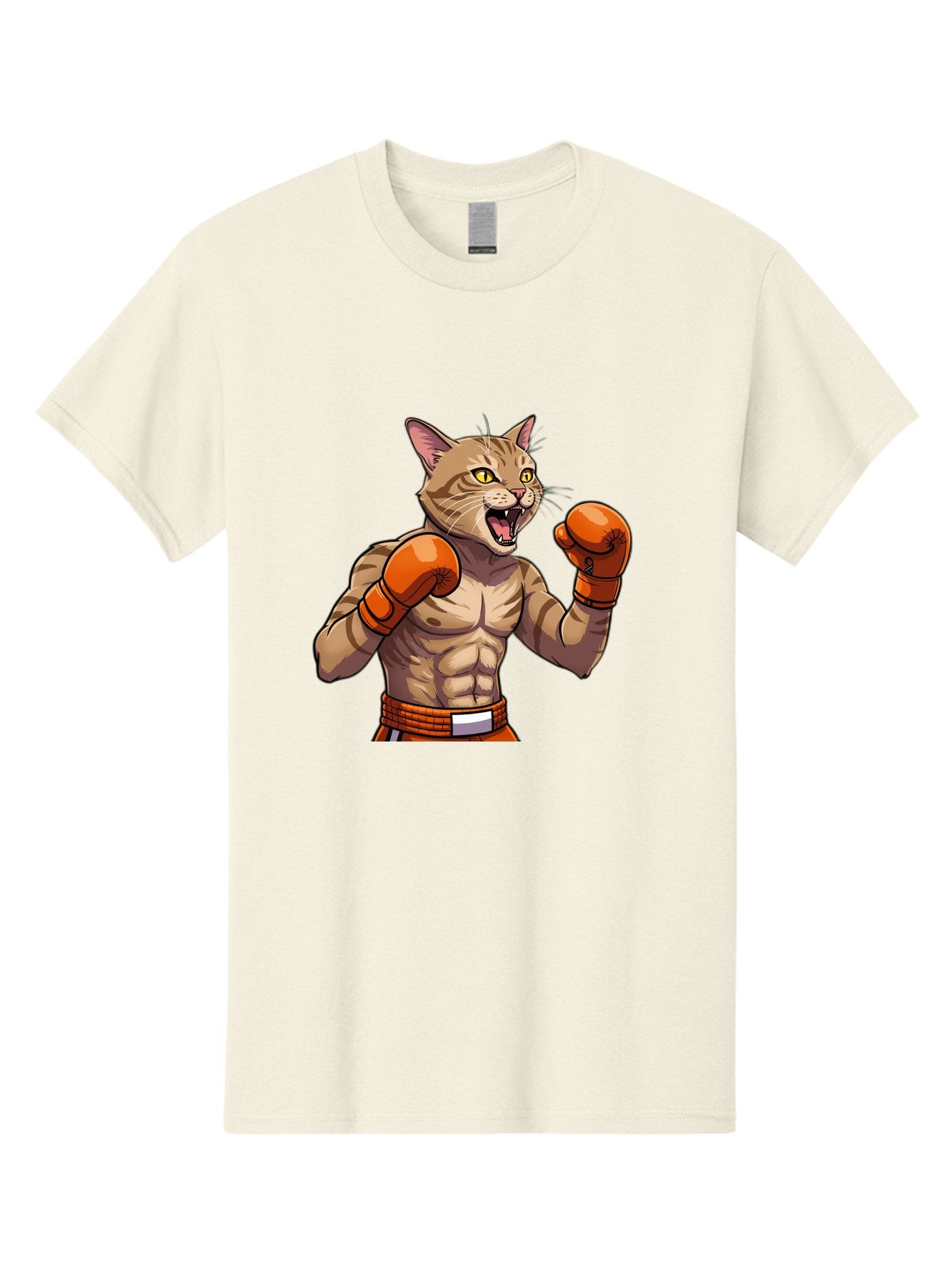 Muscle-Cat-Boxer Men'S Graphic Tee, 100% Cotton, Comfortable Casual Summer Wear, Machine Washable, Cartoon Muscular Cat, Boxing Gloves, Fierce Expression, Strong Physique, Funny Animal, Cartoon Character, Feline Boxer, Comic Art, Bae566