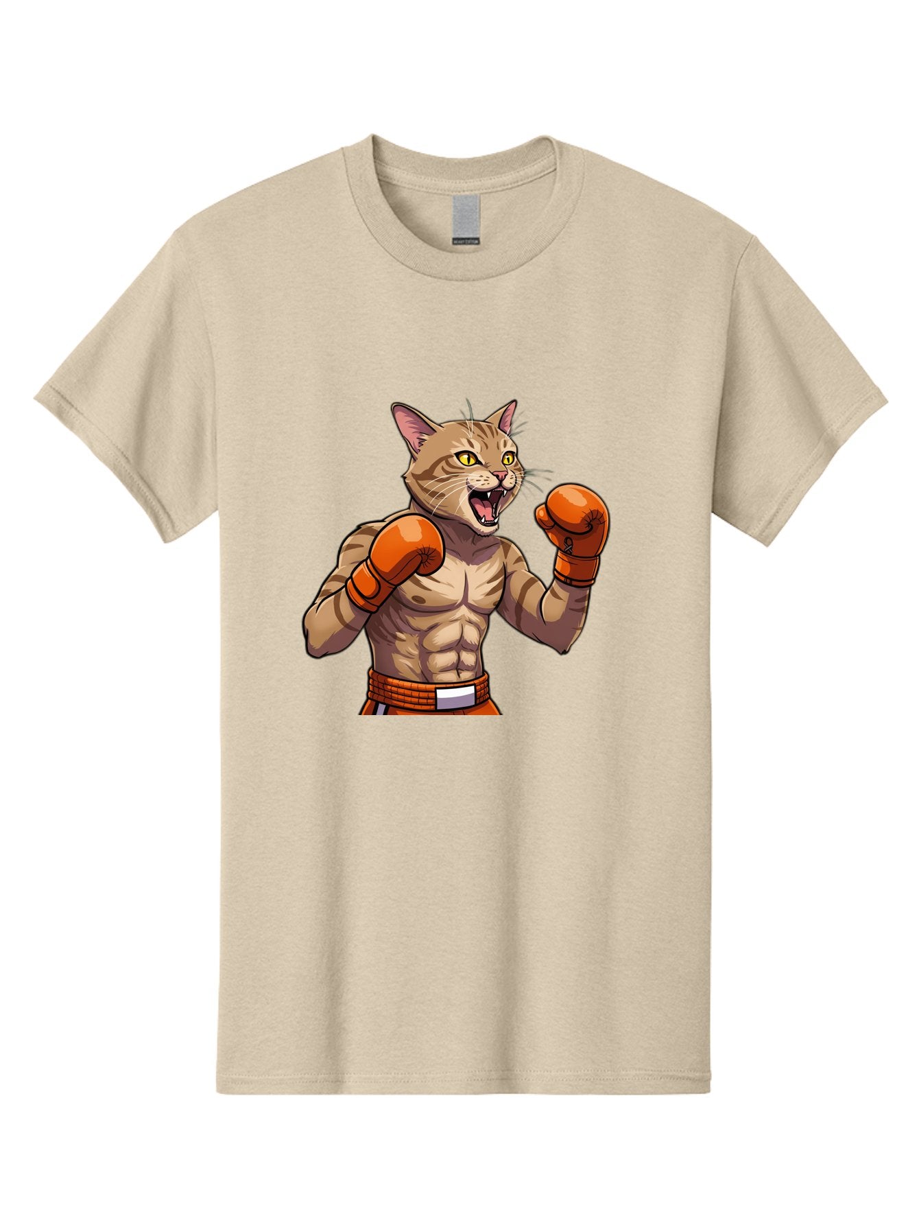 Muscle-Cat-Boxer Men'S Graphic Tee, 100% Cotton, Comfortable Casual Summer Wear, Machine Washable, Cartoon Muscular Cat, Boxing Gloves, Fierce Expression, Strong Physique, Funny Animal, Cartoon Character, Feline Boxer, Comic Art, Bae566