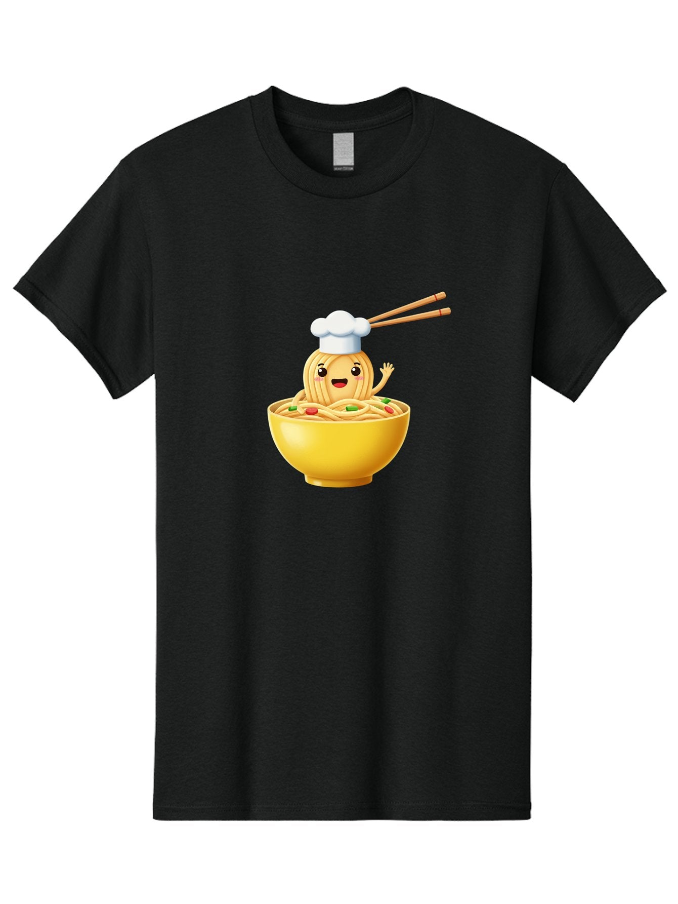 Noodle-Character-In-Yellow-Bowl Men'S Graphic Tee, 100% Cotton, Comfortable Casual Summer Wear, Machine Washable, Cartoon Noodles, Chef Hat, Chopsticks, Smiling Face, Waving Hand, Yellow Bowl, Green Peas, Red Peppers, Funny Character, Bae567 8