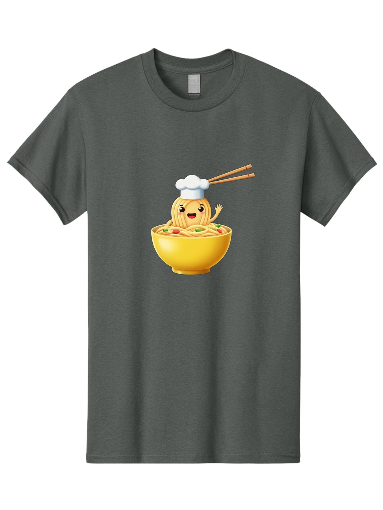 Noodle-Character-In-Yellow-Bowl Men'S Graphic Tee, 100% Cotton, Comfortable Casual Summer Wear, Machine Washable, Cartoon Noodles, Chef Hat, Chopsticks, Smiling Face, Waving Hand, Yellow Bowl, Green Peas, Red Peppers, Funny Character, Bae567 11