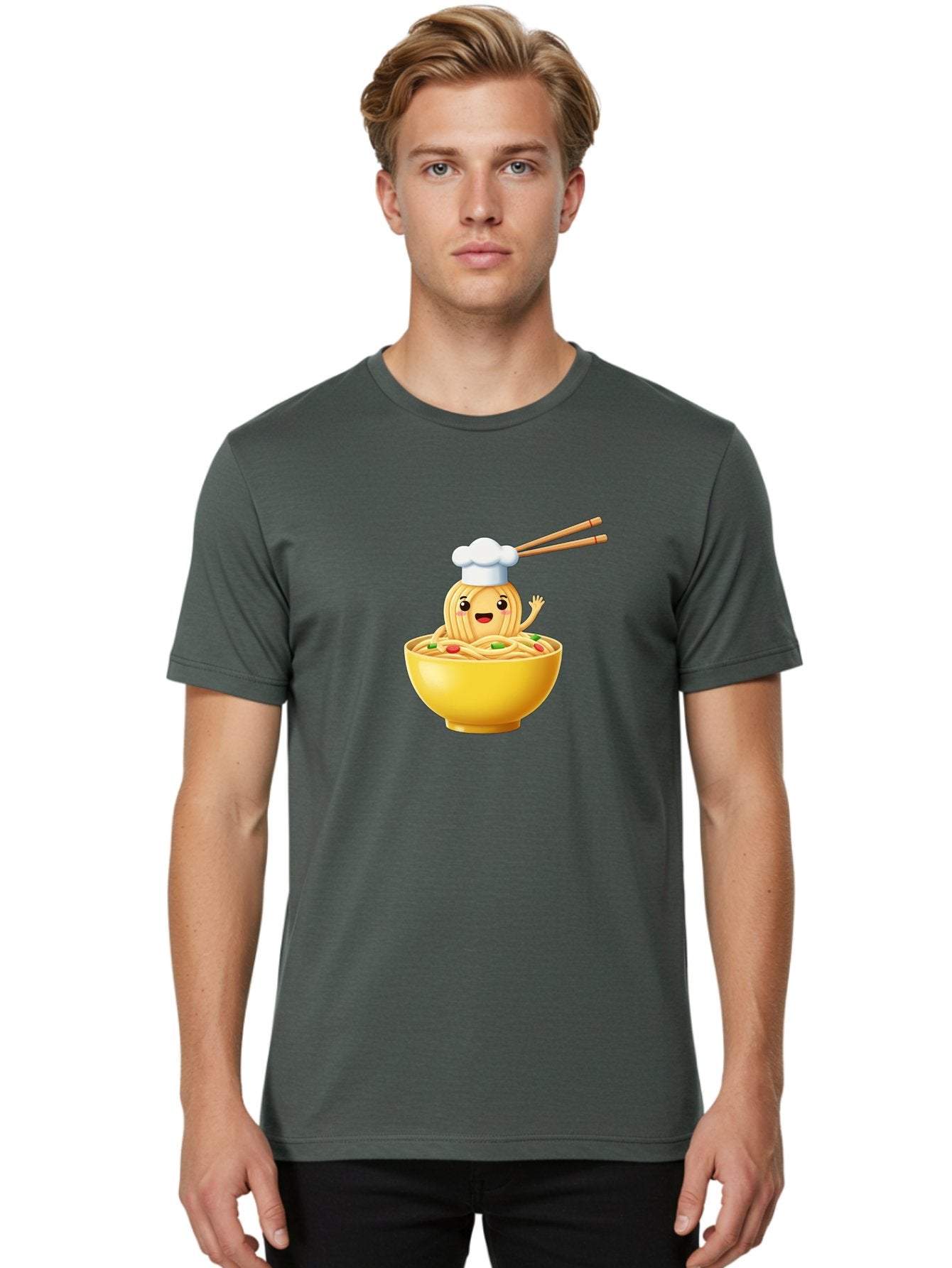 Noodle-Character-In-Yellow-Bowl Men'S Graphic Tee, 100% Cotton, Comfortable Casual Summer Wear, Machine Washable, Cartoon Noodles, Chef Hat, Chopsticks, Smiling Face, Waving Hand, Yellow Bowl, Green Peas, Red Peppers, Funny Character, Bae567 27