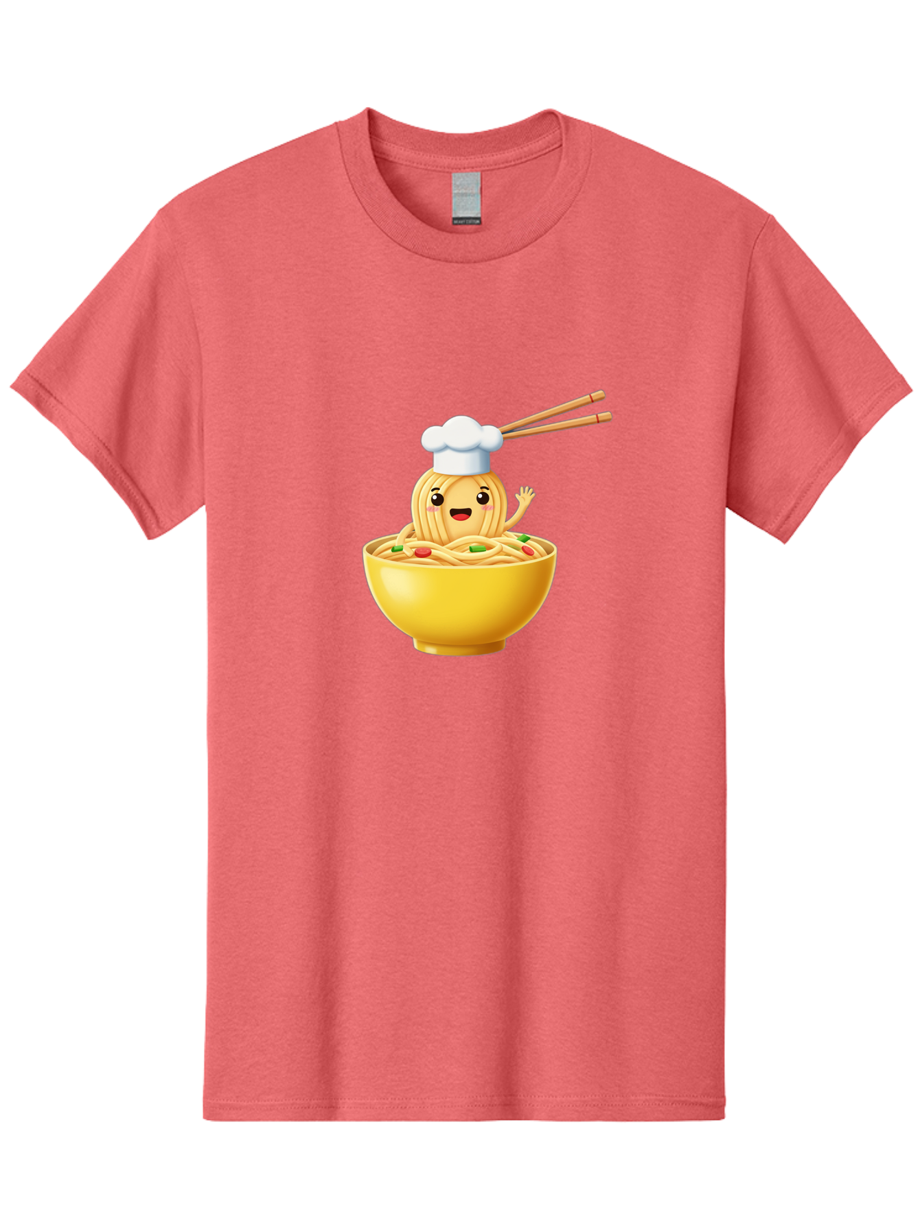Noodle-Character-In-Yellow-Bowl Men'S Graphic Tee, 100% Cotton, Comfortable Casual Summer Wear, Machine Washable, Cartoon Noodles, Chef Hat, Chopsticks, Smiling Face, Waving Hand, Yellow Bowl, Green Peas, Red Peppers, Funny Character, Bae567 11