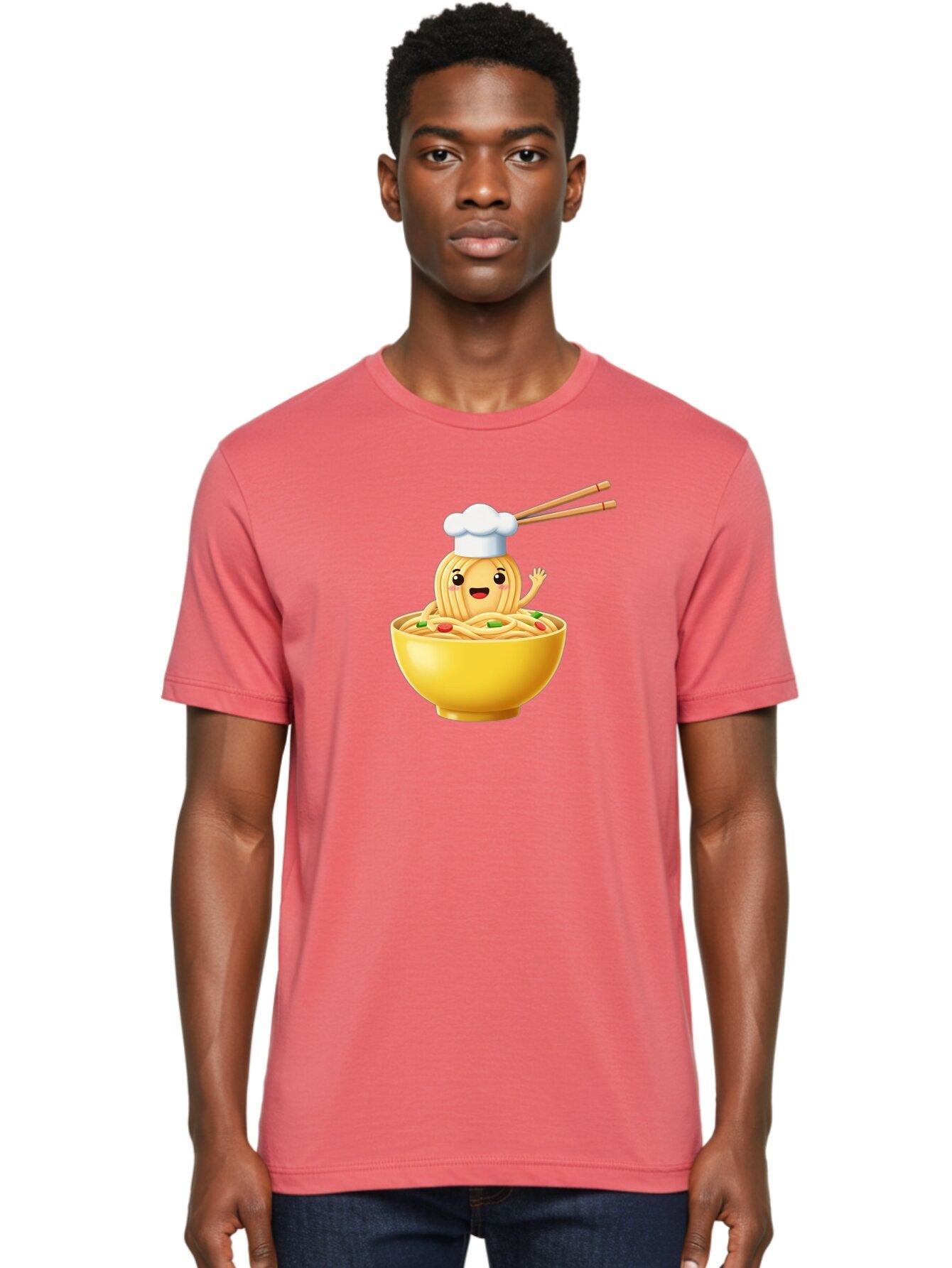 Noodle-Character-In-Yellow-Bowl Men'S Graphic Tee, 100% Cotton, Comfortable Casual Summer Wear, Machine Washable, Cartoon Noodles, Chef Hat, Chopsticks, Smiling Face, Waving Hand, Yellow Bowl, Green Peas, Red Peppers, Funny Character, Bae567 19