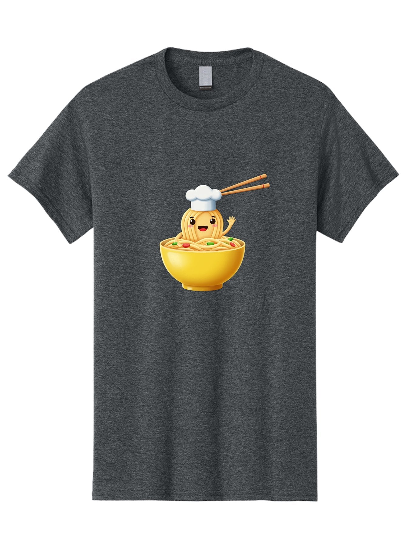 Noodle-Character-In-Yellow-Bowl Men'S Graphic Tee, 100% Cotton, Comfortable Casual Summer Wear, Machine Washable, Cartoon Noodles, Chef Hat, Chopsticks, Smiling Face, Waving Hand, Yellow Bowl, Green Peas, Red Peppers, Funny Character, Bae567 14