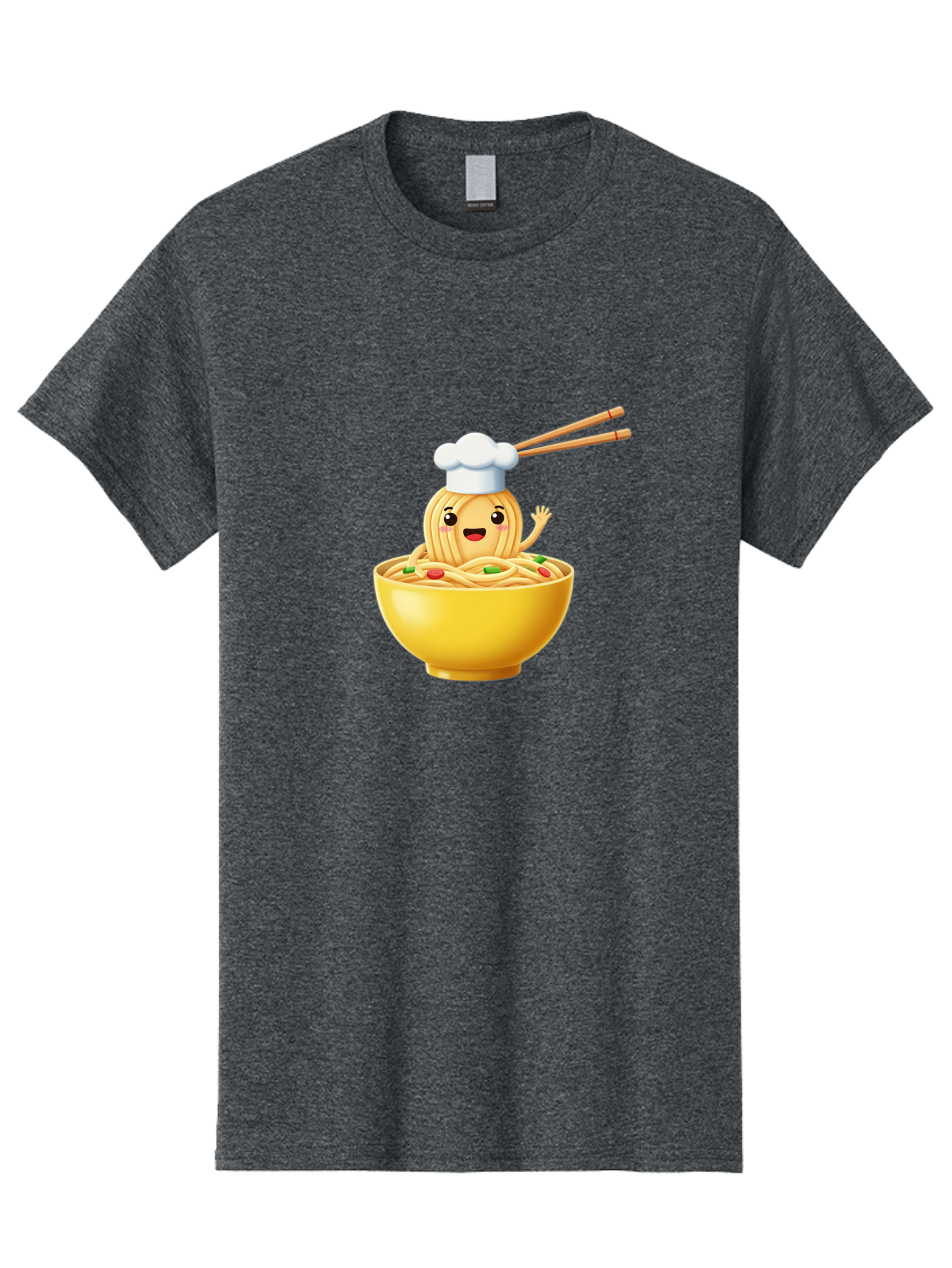 Noodle-Character-In-Yellow-Bowl Men'S Graphic Tee, 100% Cotton, Comfortable Casual Summer Wear, Machine Washable, Cartoon Noodles, Chef Hat, Chopsticks, Smiling Face, Waving Hand, Yellow Bowl, Green Peas, Red Peppers, Funny Character, Bae567