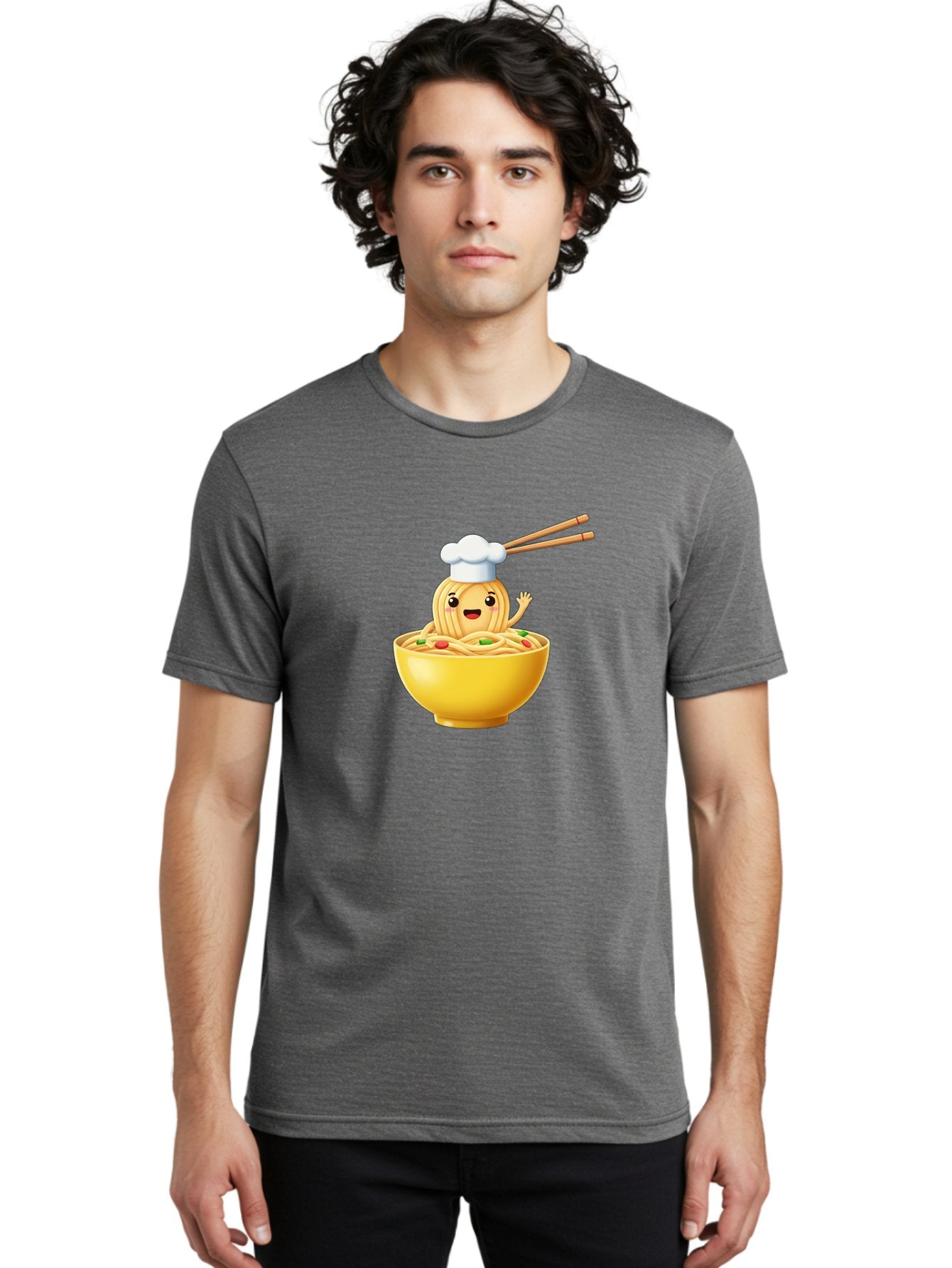 Noodle-Character-In-Yellow-Bowl Men'S Graphic Tee, 100% Cotton, Comfortable Casual Summer Wear, Machine Washable, Cartoon Noodles, Chef Hat, Chopsticks, Smiling Face, Waving Hand, Yellow Bowl, Green Peas, Red Peppers, Funny Character, Bae567 22
