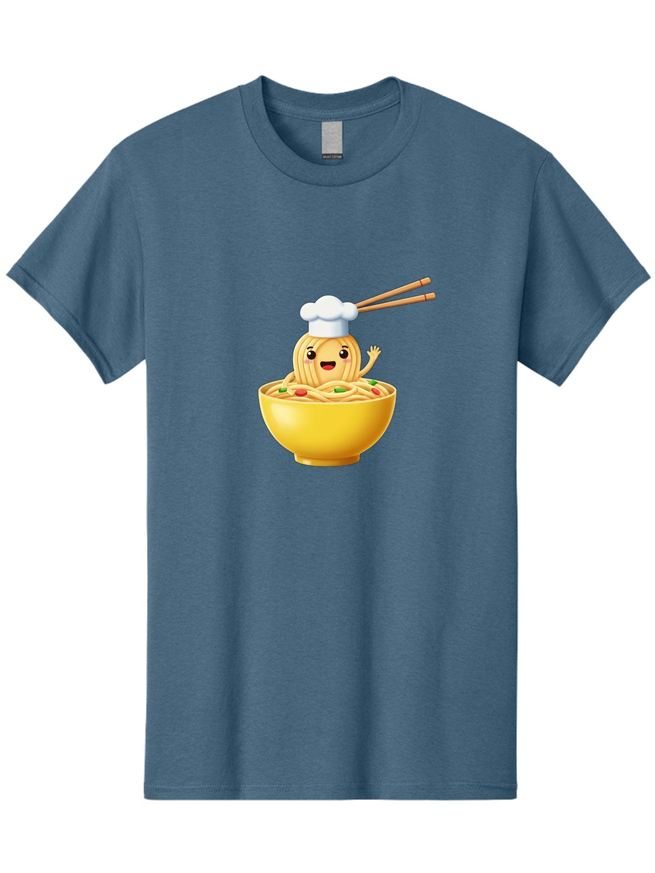 Noodle-Character-In-Yellow-Bowl Men'S Graphic Tee, 100% Cotton, Comfortable Casual Summer Wear, Machine Washable, Cartoon Noodles, Chef Hat, Chopsticks, Smiling Face, Waving Hand, Yellow Bowl, Green Peas, Red Peppers, Funny Character, Bae567 9