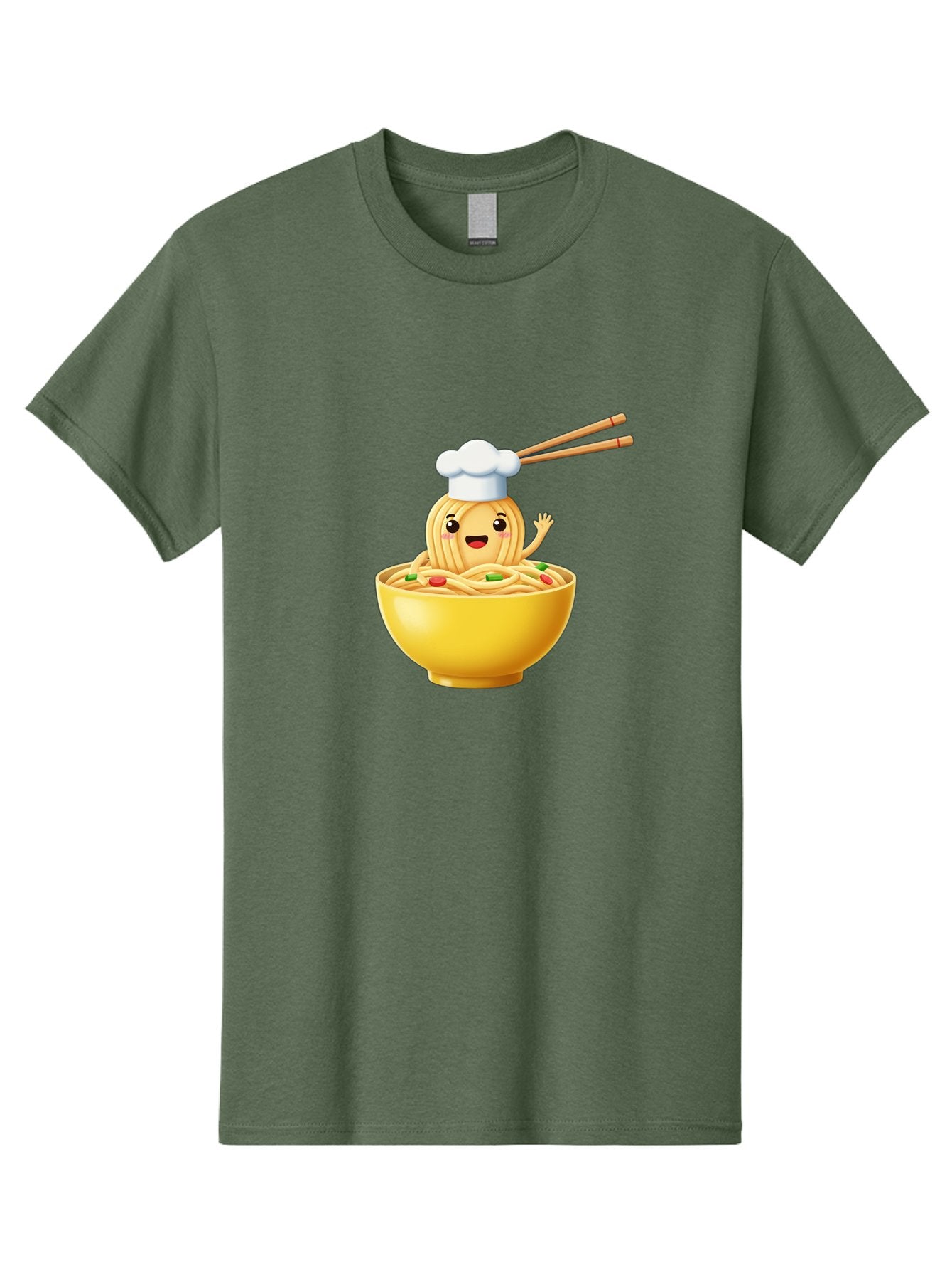 Noodle-Character-In-Yellow-Bowl Men'S Graphic Tee, 100% Cotton, Comfortable Casual Summer Wear, Machine Washable, Cartoon Noodles, Chef Hat, Chopsticks, Smiling Face, Waving Hand, Yellow Bowl, Green Peas, Red Peppers, Funny Character, Bae567 7