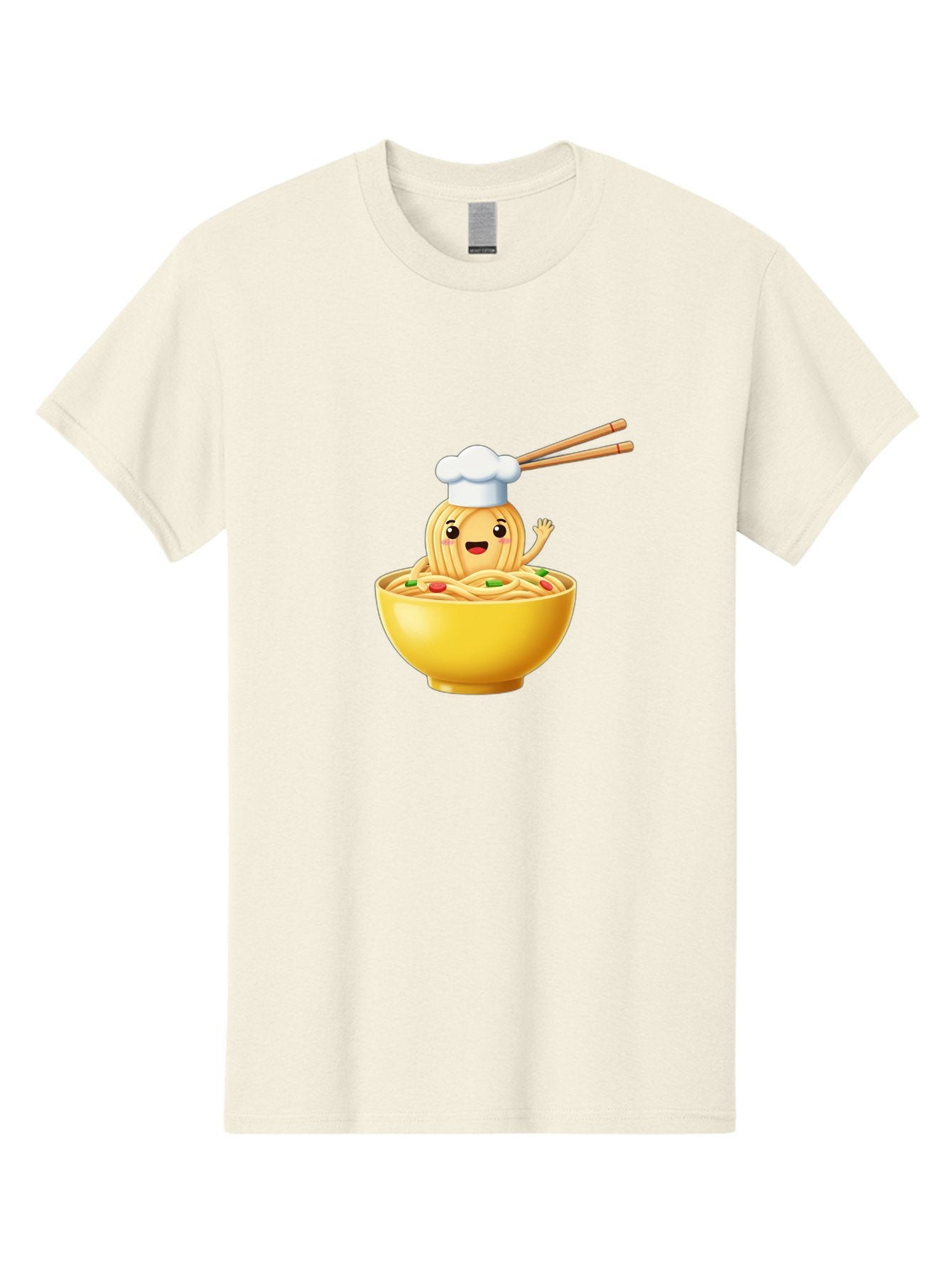 Noodle-Character-In-Yellow-Bowl Men'S Graphic Tee, 100% Cotton, Comfortable Casual Summer Wear, Machine Washable, Cartoon Noodles, Chef Hat, Chopsticks, Smiling Face, Waving Hand, Yellow Bowl, Green Peas, Red Peppers, Funny Character, Bae567 12