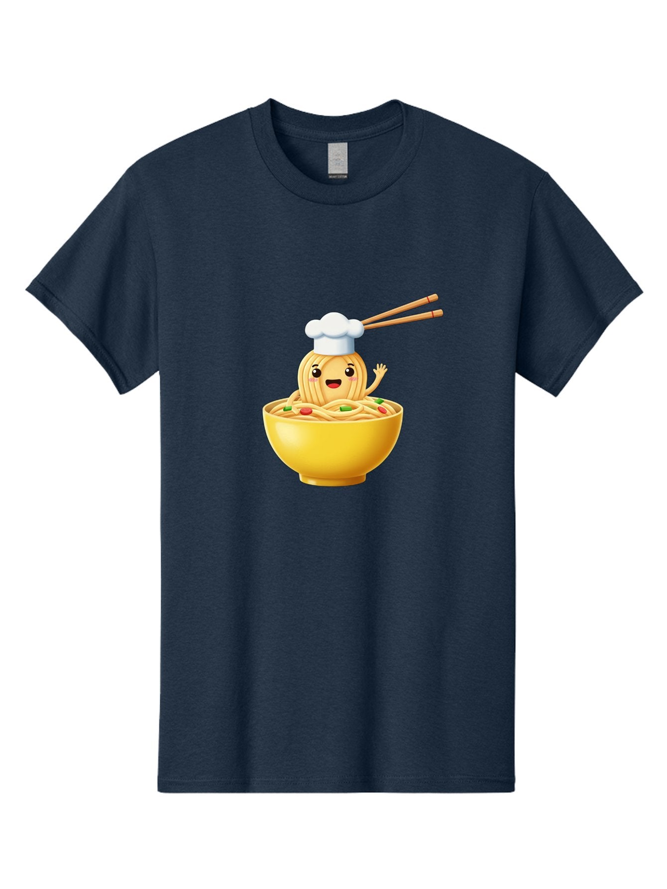 Noodle-Character-In-Yellow-Bowl Men'S Graphic Tee, 100% Cotton, Comfortable Casual Summer Wear, Machine Washable, Cartoon Noodles, Chef Hat, Chopsticks, Smiling Face, Waving Hand, Yellow Bowl, Green Peas, Red Peppers, Funny Character, Bae567 4