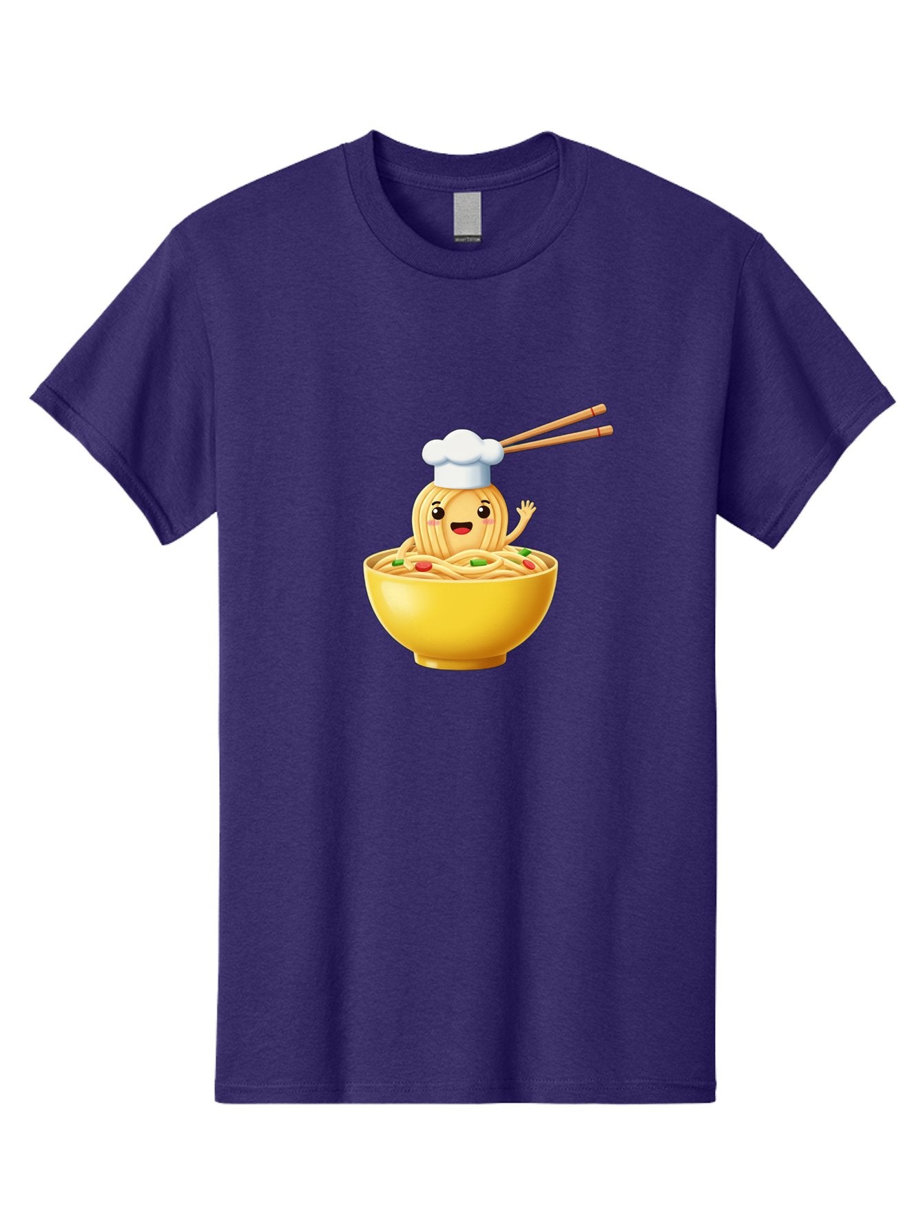 Noodle-Character-In-Yellow-Bowl Men'S Graphic Tee, 100% Cotton, Comfortable Casual Summer Wear, Machine Washable, Cartoon Noodles, Chef Hat, Chopsticks, Smiling Face, Waving Hand, Yellow Bowl, Green Peas, Red Peppers, Funny Character, Bae567 6