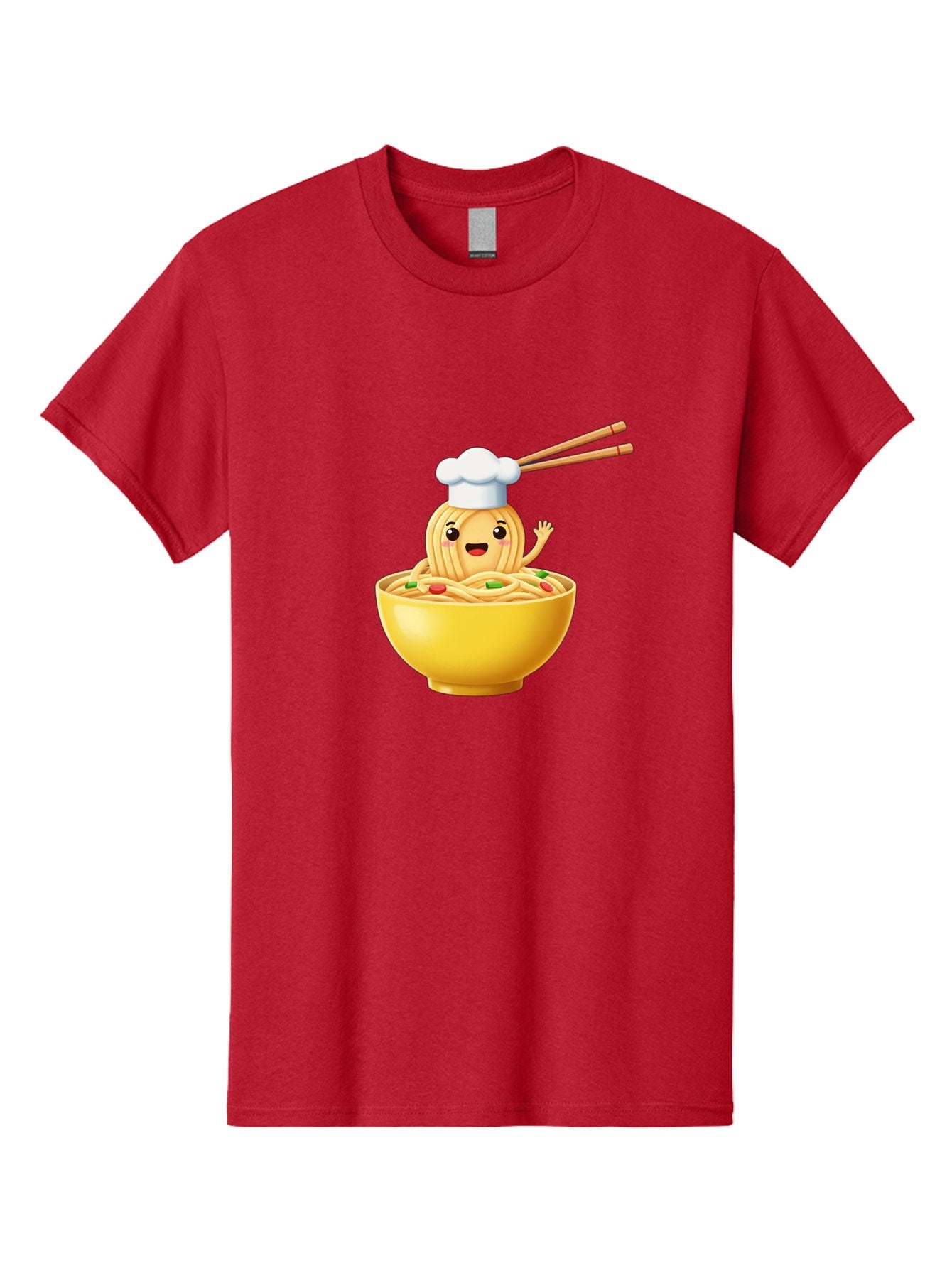 Noodle-Character-In-Yellow-Bowl Men'S Graphic Tee, 100% Cotton, Comfortable Casual Summer Wear, Machine Washable, Cartoon Noodles, Chef Hat, Chopsticks, Smiling Face, Waving Hand, Yellow Bowl, Green Peas, Red Peppers, Funny Character, Bae567 5