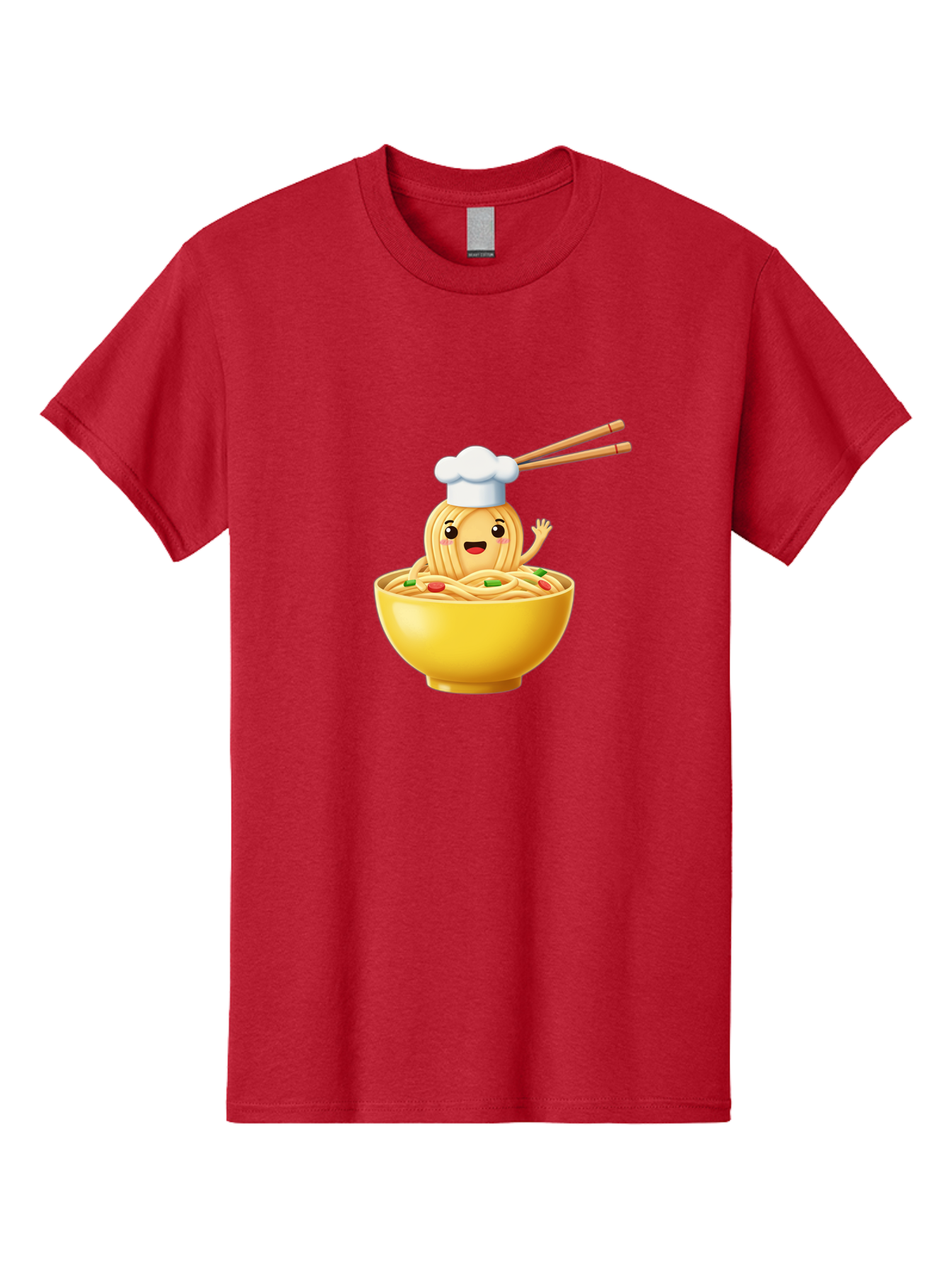 Noodle-Character-In-Yellow-Bowl Men'S Graphic Tee, 100% Cotton, Comfortable Casual Summer Wear, Machine Washable, Cartoon Noodles, Chef Hat, Chopsticks, Smiling Face, Waving Hand, Yellow Bowl, Green Peas, Red Peppers, Funny Character, Bae567 8