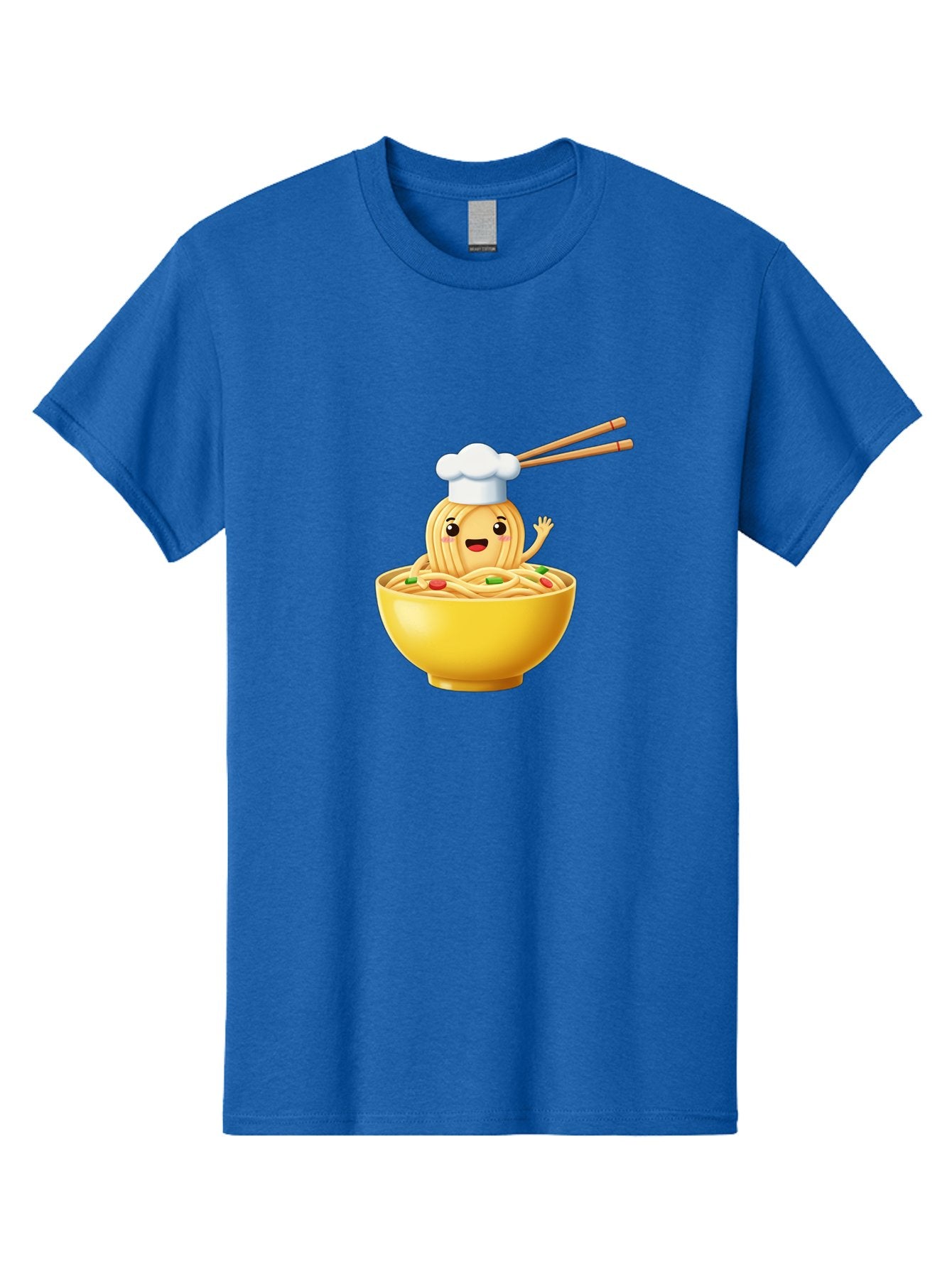 Noodle-Character-In-Yellow-Bowl Men'S Graphic Tee, 100% Cotton, Comfortable Casual Summer Wear, Machine Washable, Cartoon Noodles, Chef Hat, Chopsticks, Smiling Face, Waving Hand, Yellow Bowl, Green Peas, Red Peppers, Funny Character, Bae567 15
