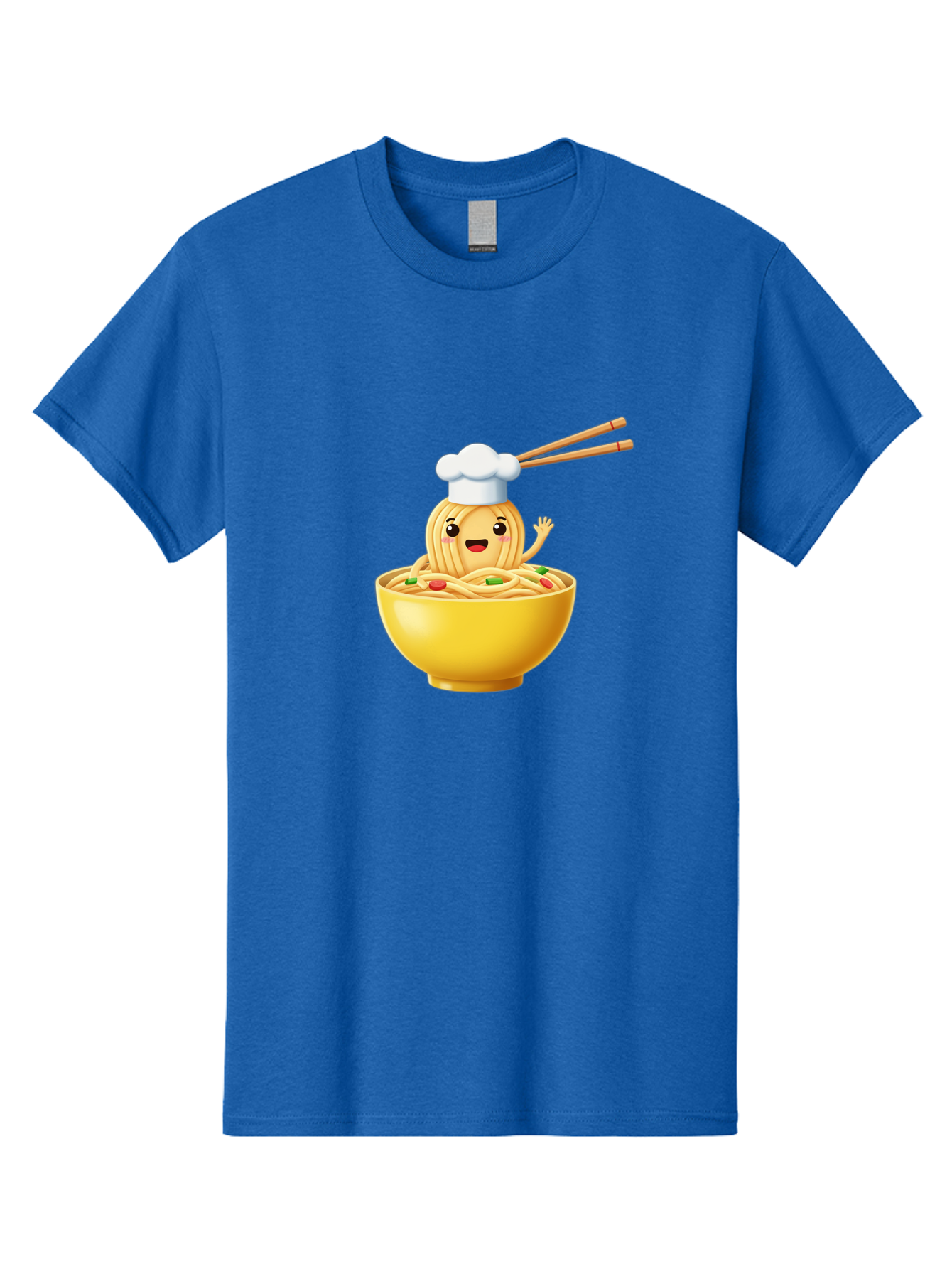 Noodle-Character-In-Yellow-Bowl Men'S Graphic Tee, 100% Cotton, Comfortable Casual Summer Wear, Machine Washable, Cartoon Noodles, Chef Hat, Chopsticks, Smiling Face, Waving Hand, Yellow Bowl, Green Peas, Red Peppers, Funny Character, Bae567