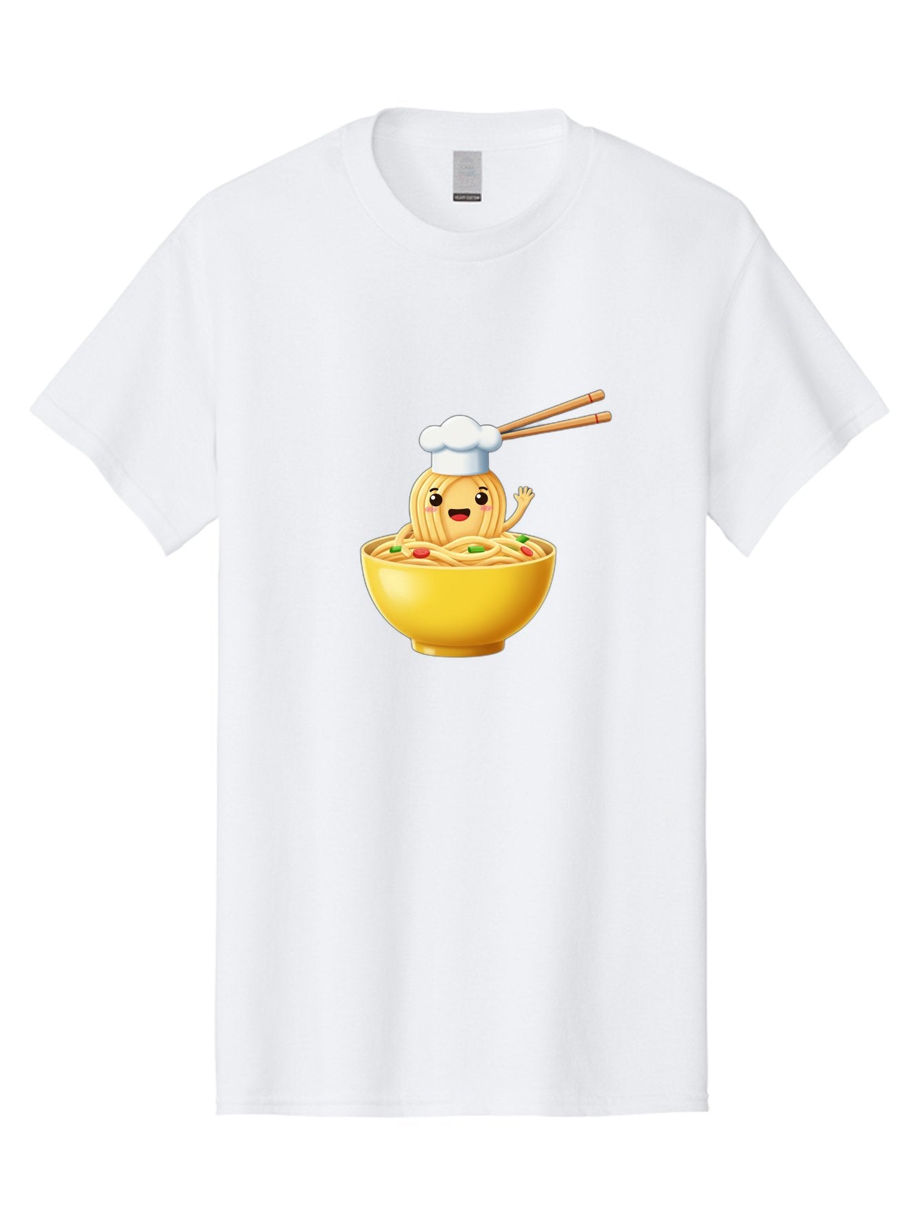 Noodle-Character-In-Yellow-Bowl Men'S Graphic Tee, 100% Cotton, Comfortable Casual Summer Wear, Machine Washable, Cartoon Noodles, Chef Hat, Chopsticks, Smiling Face, Waving Hand, Yellow Bowl, Green Peas, Red Peppers, Funny Character, Bae567 10