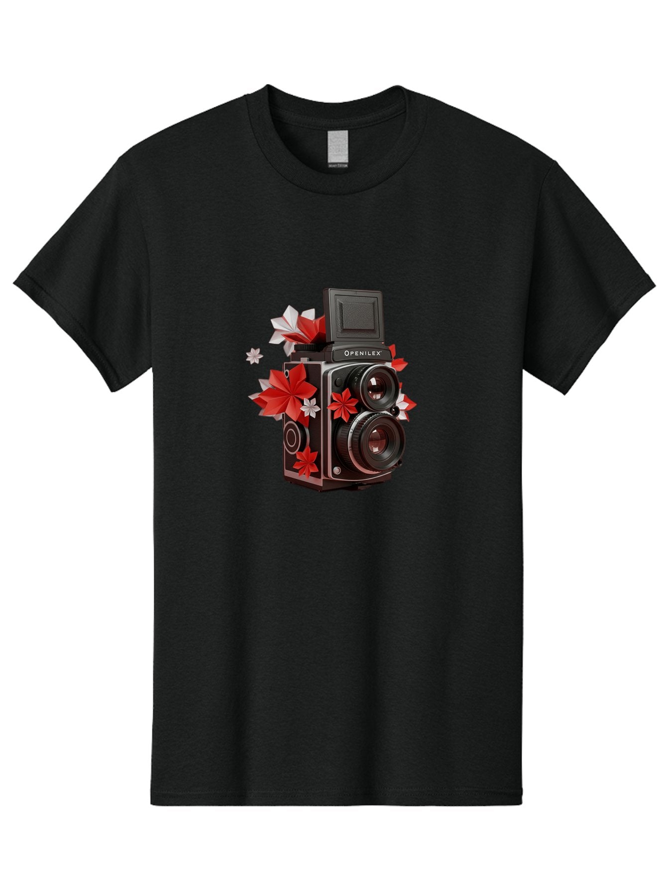 Openilex-Camera Men'S Graphic Tee, 100% Cotton, Comfortable Casual Summer Wear, Machine Washable, Vintage Camera, Retro Photography, Analog Camera, Floral Decorations, Red And White Flowers, Creative Photography, Artistic Expression, Bae572