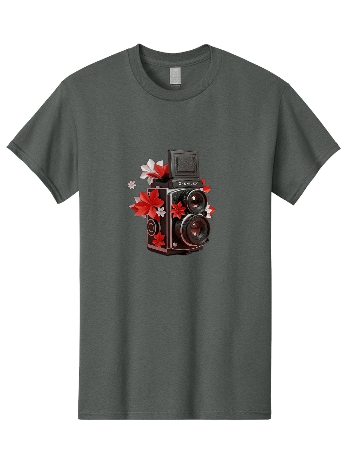 Openilex-Camera Men'S Graphic Tee, 100% Cotton, Comfortable Casual Summer Wear, Machine Washable, Vintage Camera, Retro Photography, Analog Camera, Floral Decorations, Red And White Flowers, Creative Photography, Artistic Expression, Bae572 5