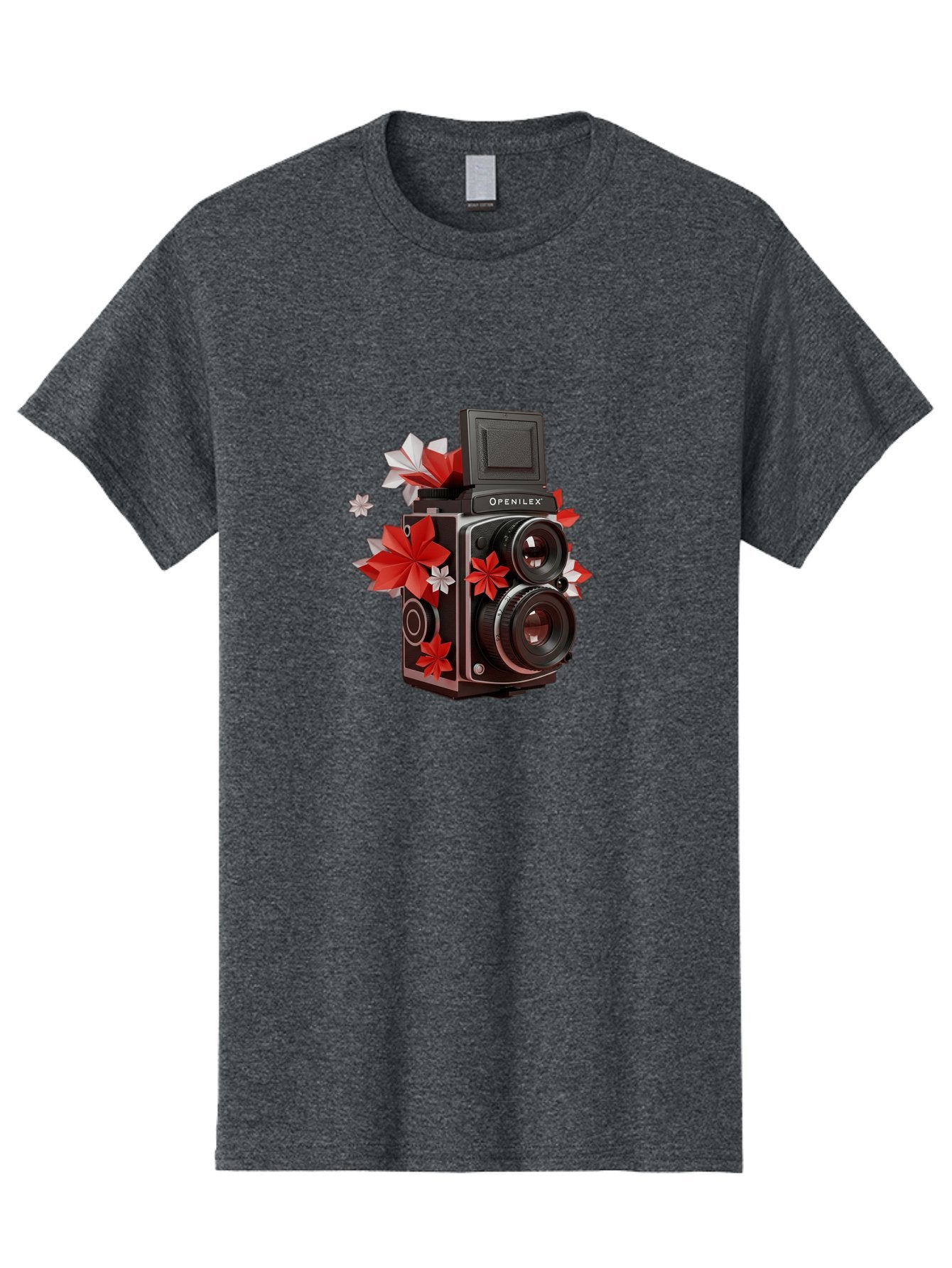 Openilex-Camera Men'S Graphic Tee, 100% Cotton, Comfortable Casual Summer Wear, Machine Washable, Vintage Camera, Retro Photography, Analog Camera, Floral Decorations, Red And White Flowers, Creative Photography, Artistic Expression, Bae572 15