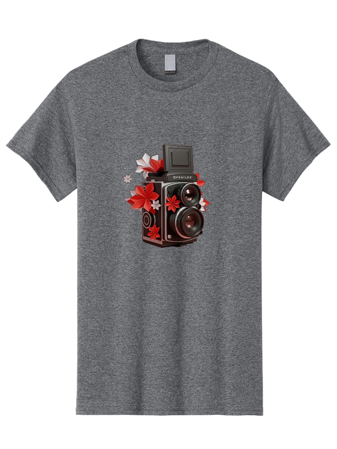 Openilex-Camera Men'S Graphic Tee, 100% Cotton, Comfortable Casual Summer Wear, Machine Washable, Vintage Camera, Retro Photography, Analog Camera, Floral Decorations, Red And White Flowers, Creative Photography, Artistic Expression, Bae572 8