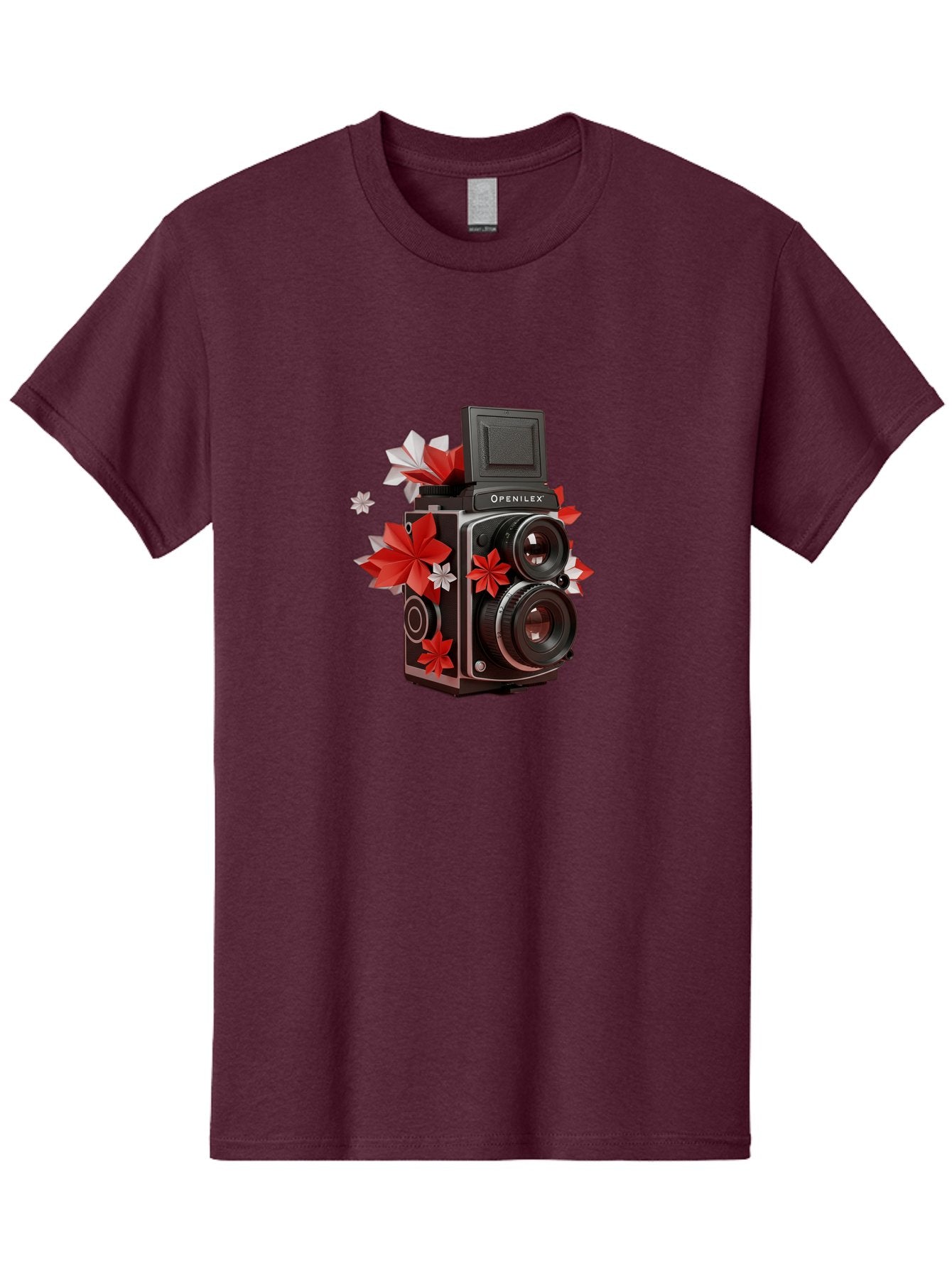 Openilex-Camera Men'S Graphic Tee, 100% Cotton, Comfortable Casual Summer Wear, Machine Washable, Vintage Camera, Retro Photography, Analog Camera, Floral Decorations, Red And White Flowers, Creative Photography, Artistic Expression, Bae572 12