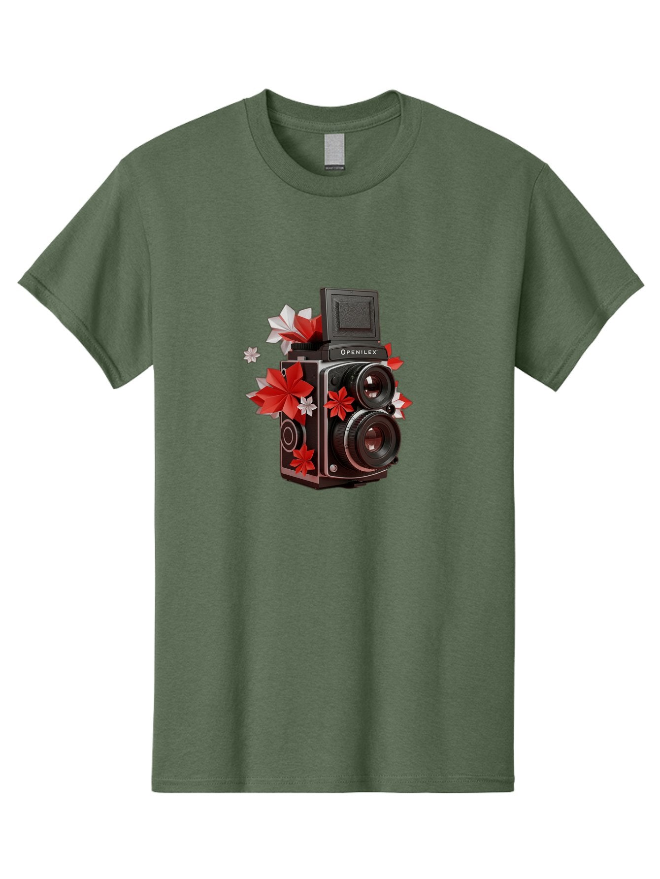 Openilex-Camera Men'S Graphic Tee, 100% Cotton, Comfortable Casual Summer Wear, Machine Washable, Vintage Camera, Retro Photography, Analog Camera, Floral Decorations, Red And White Flowers, Creative Photography, Artistic Expression, Bae572 3