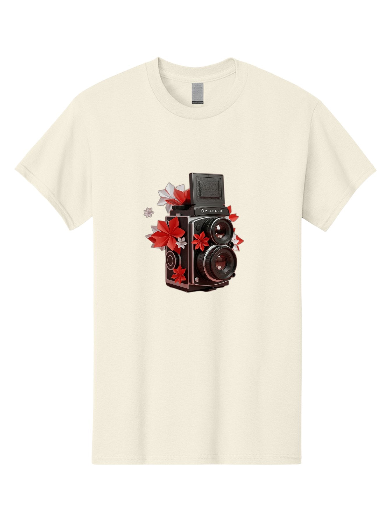 Openilex-Camera Men'S Graphic Tee, 100% Cotton, Comfortable Casual Summer Wear, Machine Washable, Vintage Camera, Retro Photography, Analog Camera, Floral Decorations, Red And White Flowers, Creative Photography, Artistic Expression, Bae572 13