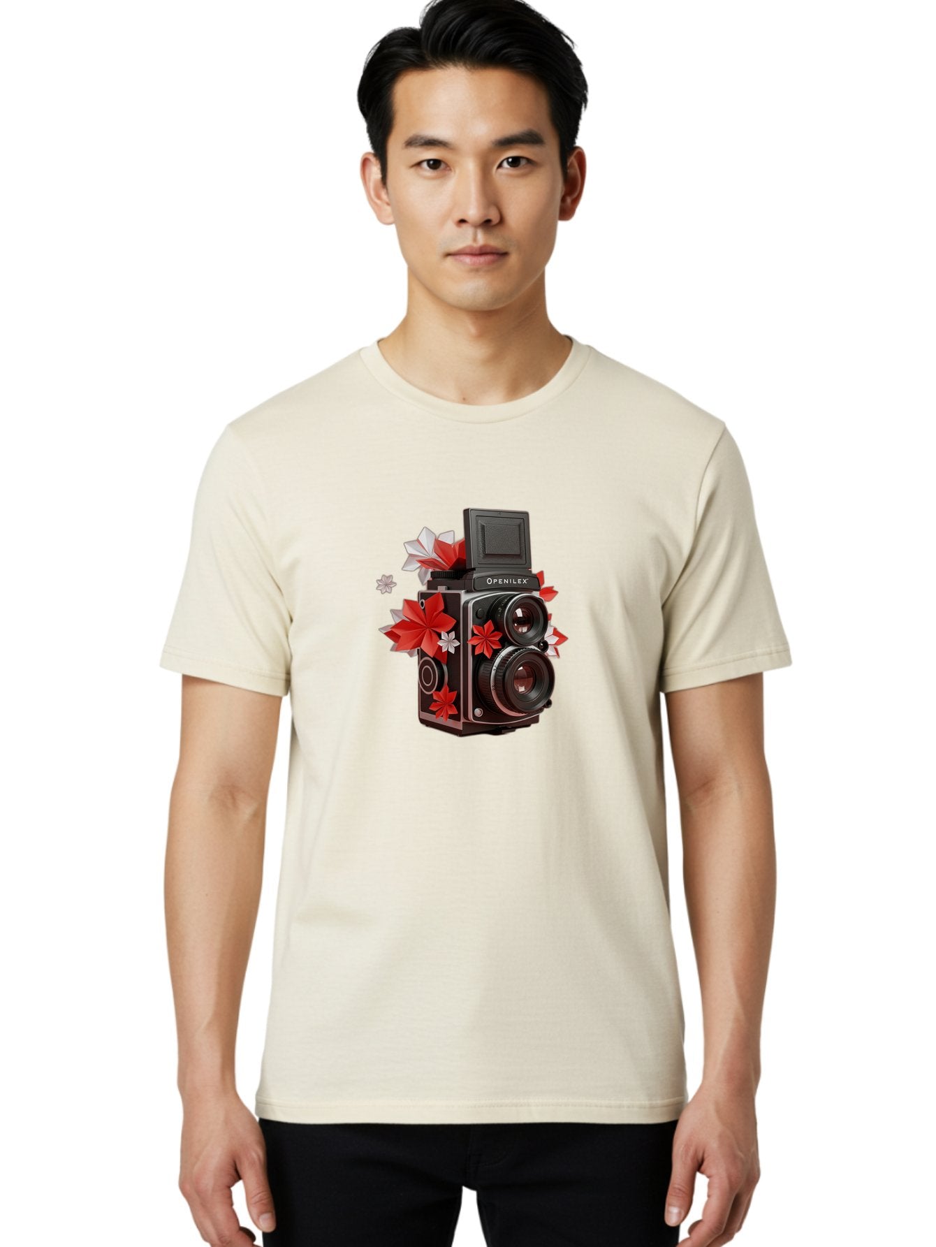 Openilex-Camera Men'S Graphic Tee, 100% Cotton, Comfortable Casual Summer Wear, Machine Washable, Vintage Camera, Retro Photography, Analog Camera, Floral Decorations, Red And White Flowers, Creative Photography, Artistic Expression, Bae572 20