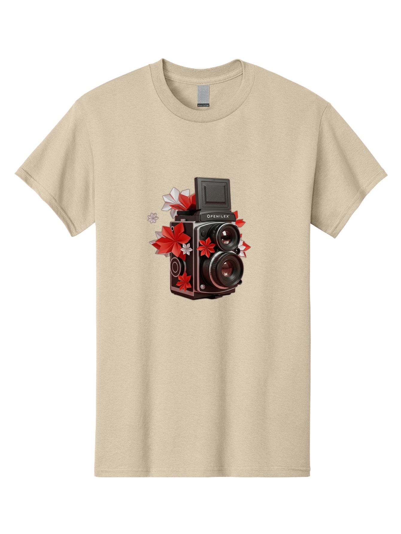 Openilex-Camera Men'S Graphic Tee, 100% Cotton, Comfortable Casual Summer Wear, Machine Washable, Vintage Camera, Retro Photography, Analog Camera, Floral Decorations, Red And White Flowers, Creative Photography, Artistic Expression, Bae572 14