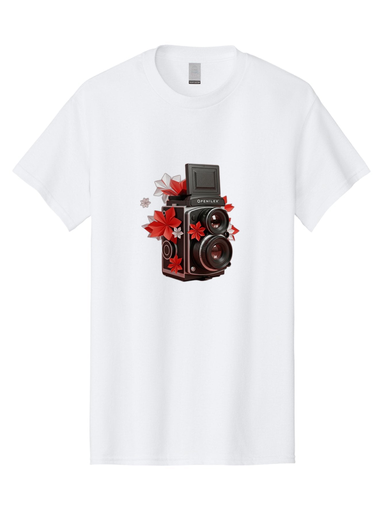 Openilex-Camera Men'S Graphic Tee, 100% Cotton, Comfortable Casual Summer Wear, Machine Washable, Vintage Camera, Retro Photography, Analog Camera, Floral Decorations, Red And White Flowers, Creative Photography, Artistic Expression, Bae572 6