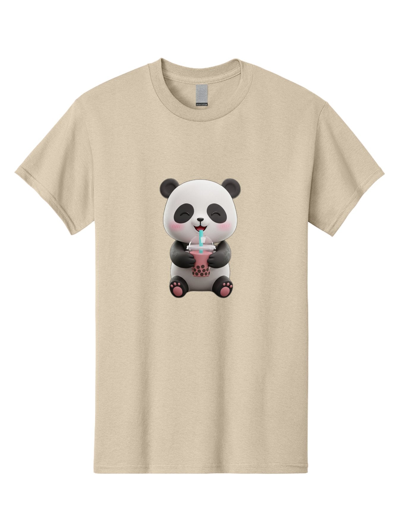 Panda-Drinking-Boba-1 Men'S Graphic Tee, 100% Cotton, Comfortable Casual Summer Wear, Machine Washable, Cartoon Panda, Boba Tea, Pink Drink, Blue Straw, Happy Panda, Kawaii Character, Adorable Bear, Cute Animal, Tea Time, Boba Lover Bae575