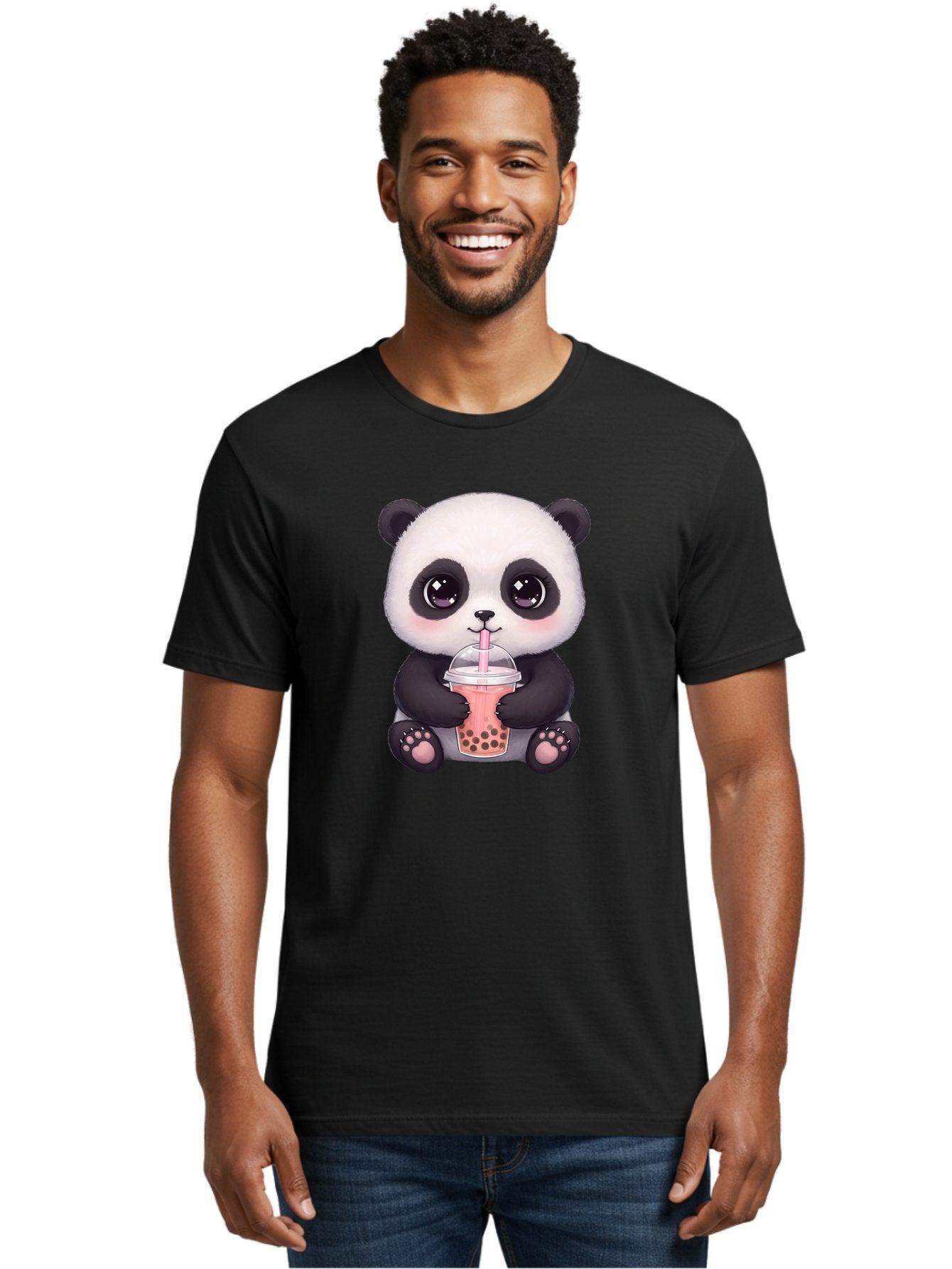 Panda-Drinking-Boba Men'S Graphic Tee, 100% Cotton, Comfortable Casual Summer Wear, Machine Washable, Kawaii Panda, Adorable Cartoon, Bubble Tea, Boba Drink, Pink Straw, Cute Illustration, Digital Art, Panda Bear, Drinking Tea, Bae577 18