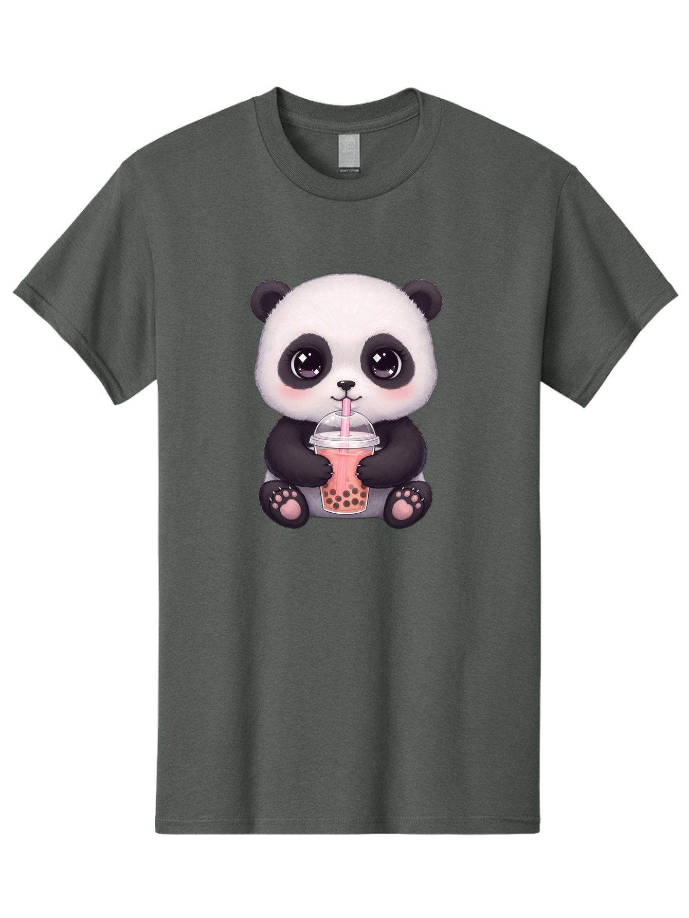 Panda-Drinking-Boba Men'S Graphic Tee, 100% Cotton, Comfortable Casual Summer Wear, Machine Washable, Kawaii Panda, Adorable Cartoon, Bubble Tea, Boba Drink, Pink Straw, Cute Illustration, Digital Art, Panda Bear, Drinking Tea, Bae577 3