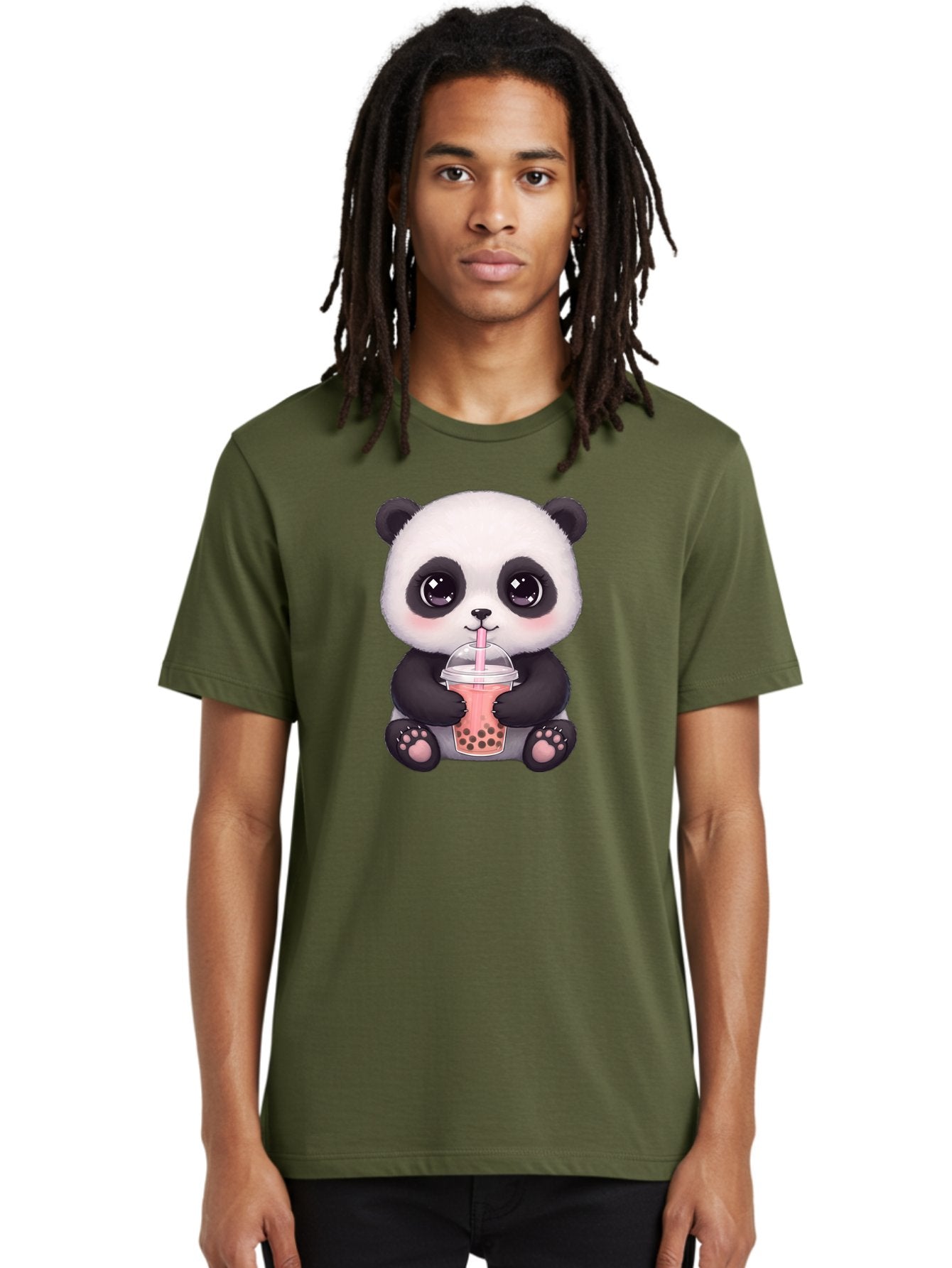 Panda-Drinking-Boba Men'S Graphic Tee, 100% Cotton, Comfortable Casual Summer Wear, Machine Washable, Kawaii Panda, Adorable Cartoon, Bubble Tea, Boba Drink, Pink Straw, Cute Illustration, Digital Art, Panda Bear, Drinking Tea, Bae577 29