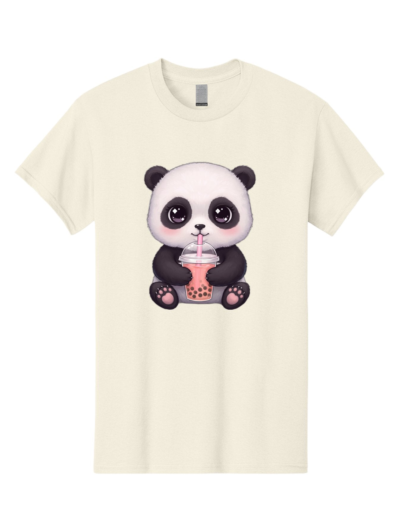 Panda-Drinking-Boba Men'S Graphic Tee, 100% Cotton, Comfortable Casual Summer Wear, Machine Washable, Kawaii Panda, Adorable Cartoon, Bubble Tea, Boba Drink, Pink Straw, Cute Illustration, Digital Art, Panda Bear, Drinking Tea, Bae577