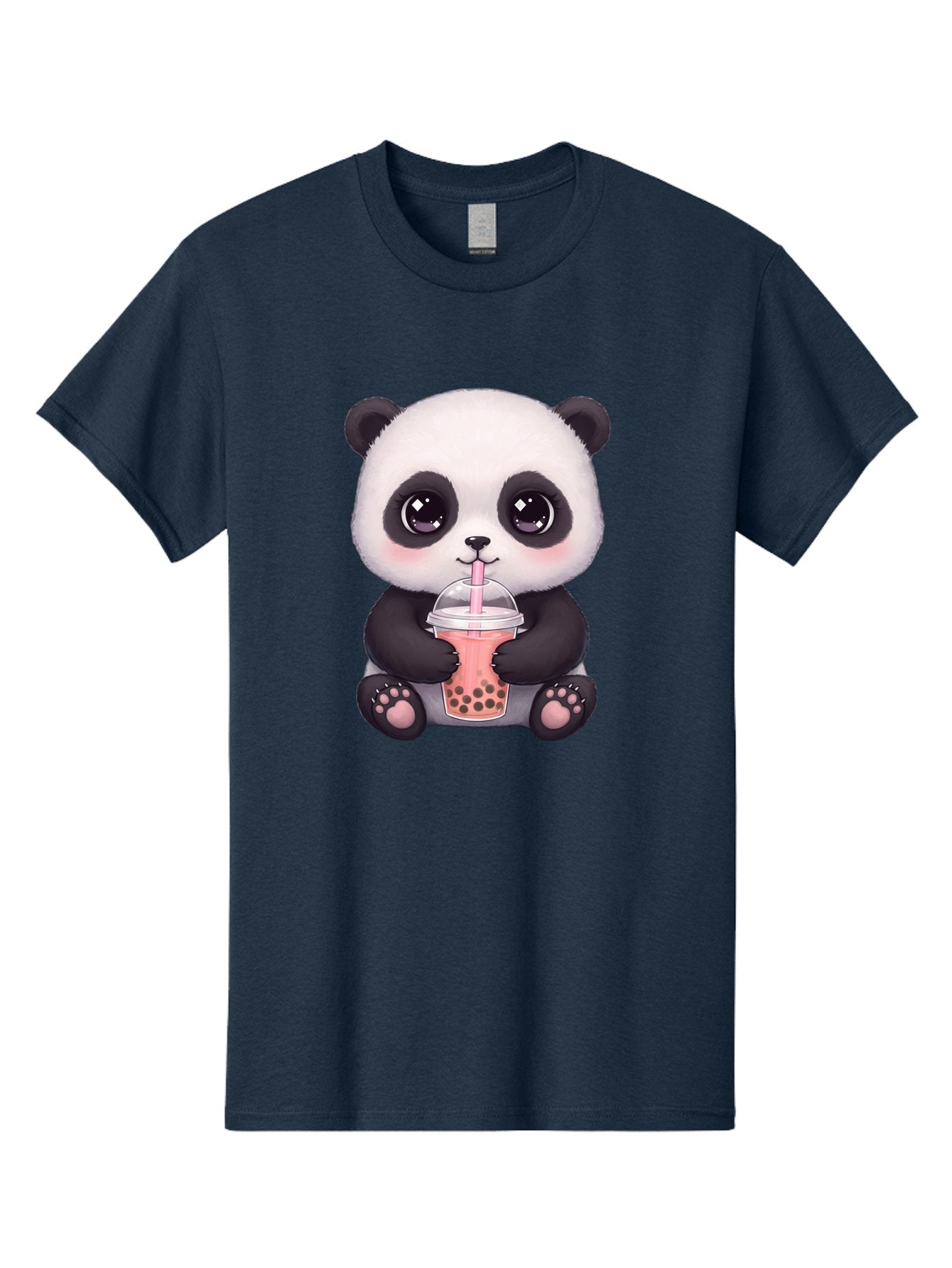 Panda-Drinking-Boba Men'S Graphic Tee, 100% Cotton, Comfortable Casual Summer Wear, Machine Washable, Kawaii Panda, Adorable Cartoon, Bubble Tea, Boba Drink, Pink Straw, Cute Illustration, Digital Art, Panda Bear, Drinking Tea, Bae577