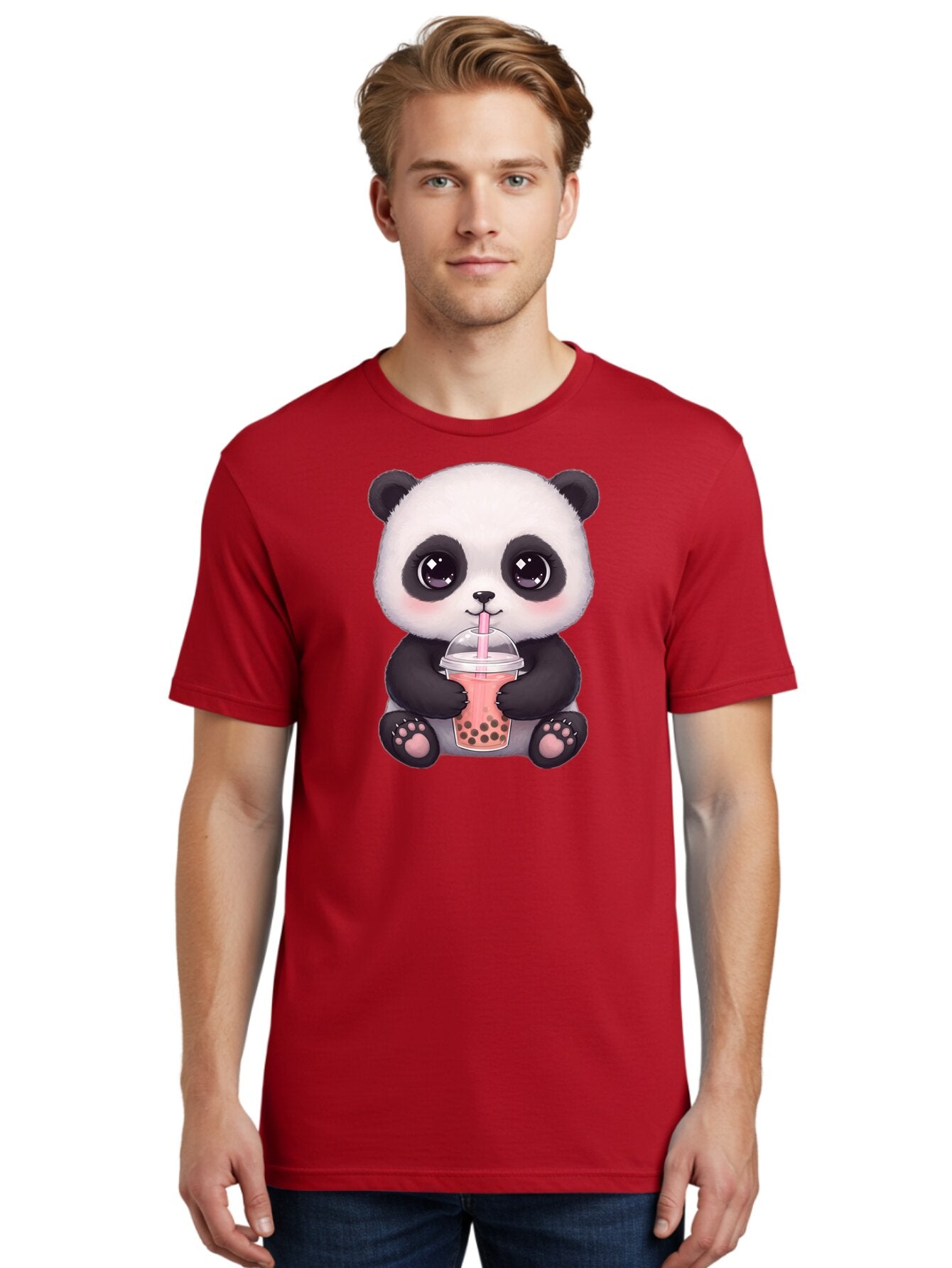 Panda-Drinking-Boba Men'S Graphic Tee, 100% Cotton, Comfortable Casual Summer Wear, Machine Washable, Kawaii Panda, Adorable Cartoon, Bubble Tea, Boba Drink, Pink Straw, Cute Illustration, Digital Art, Panda Bear, Drinking Tea, Bae577 20