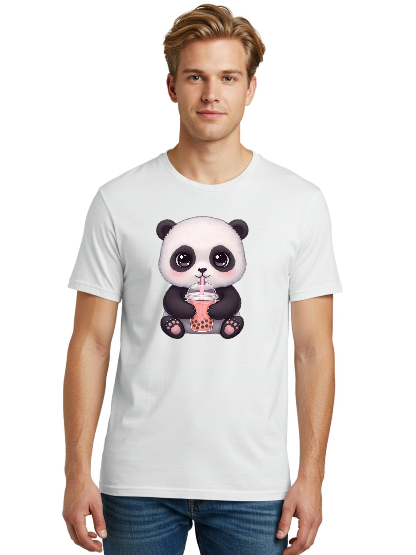 Panda-Drinking-Boba Men'S Graphic Tee, 100% Cotton, Comfortable Casual Summer Wear, Machine Washable, Kawaii Panda, Adorable Cartoon, Bubble Tea, Boba Drink, Pink Straw, Cute Illustration, Digital Art, Panda Bear, Drinking Tea, Bae577 30