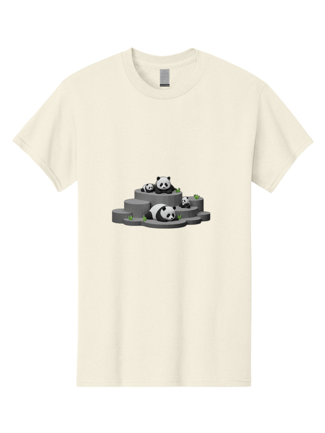 Panda-Family-2 Men'S Graphic Tee, 100% Cotton, Comfortable Casual Summer Wear, Machine Washable, Panda Bears, Family Portrait, Cute Animals, 3D Rendering, Panda Cubs, Gray Platforms, Green Plants, Cartoon Style, Adorable Creatures, Bae587 11