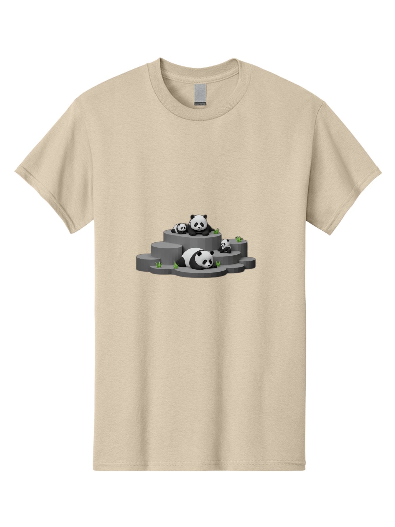 Panda-Family-2 Men'S Graphic Tee, 100% Cotton, Comfortable Casual Summer Wear, Machine Washable, Panda Bears, Family Portrait, Cute Animals, 3D Rendering, Panda Cubs, Gray Platforms, Green Plants, Cartoon Style, Adorable Creatures, Bae587 6
