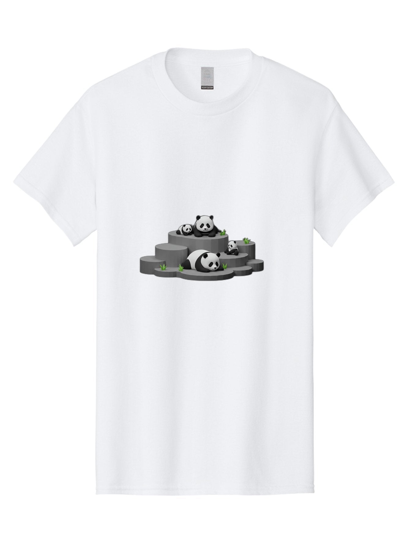 Panda-Family-2 Men'S Graphic Tee, 100% Cotton, Comfortable Casual Summer Wear, Machine Washable, Panda Bears, Family Portrait, Cute Animals, 3D Rendering, Panda Cubs, Gray Platforms, Green Plants, Cartoon Style, Adorable Creatures, Bae587 15