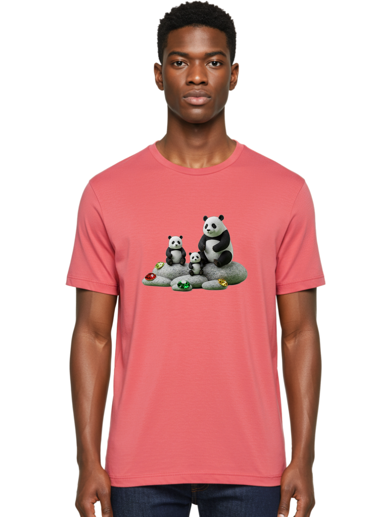 Panda-Family-5 Men'S Graphic Tee, 100% Cotton, Comfortable Casual Summer Wear, Machine Washable, Panda Bear Family, Adorable Pandas, Cute Cubs, Black And White Fur, Gemstones, Decorative Stones, Playful Design, Cute Animal Art, Family Bonding Bae590 19