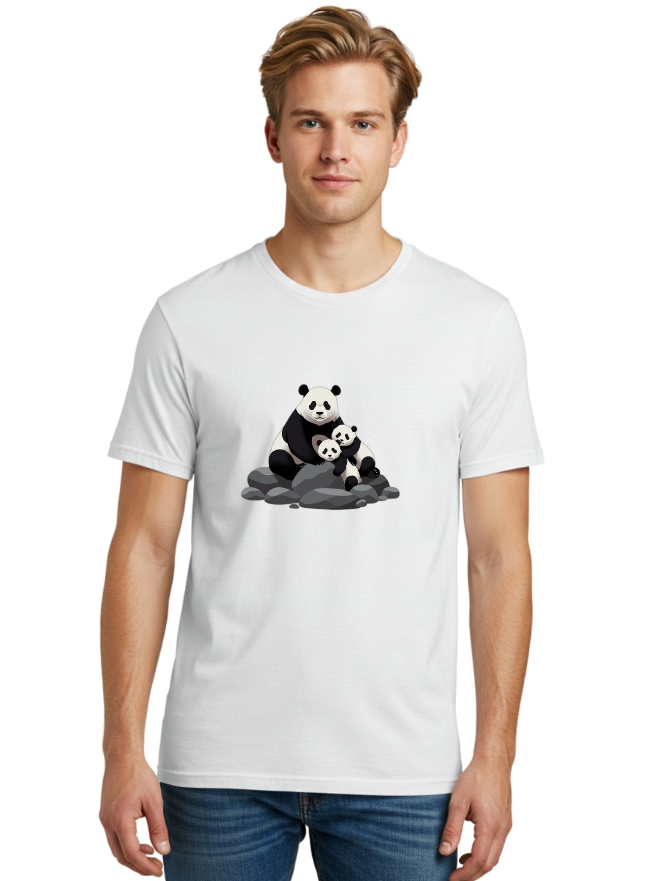 Panda-Family Men'S Graphic Tee, 100% Cotton, Comfortable Casual Summer Wear, Machine Washable, Panda Bear, Mother Panda, Panda Cubs, Adorable Family, Cartoon Illustration, Wildlife Art, Black And White Pandas, Cute Animals, Tender Moment, Bae591 23